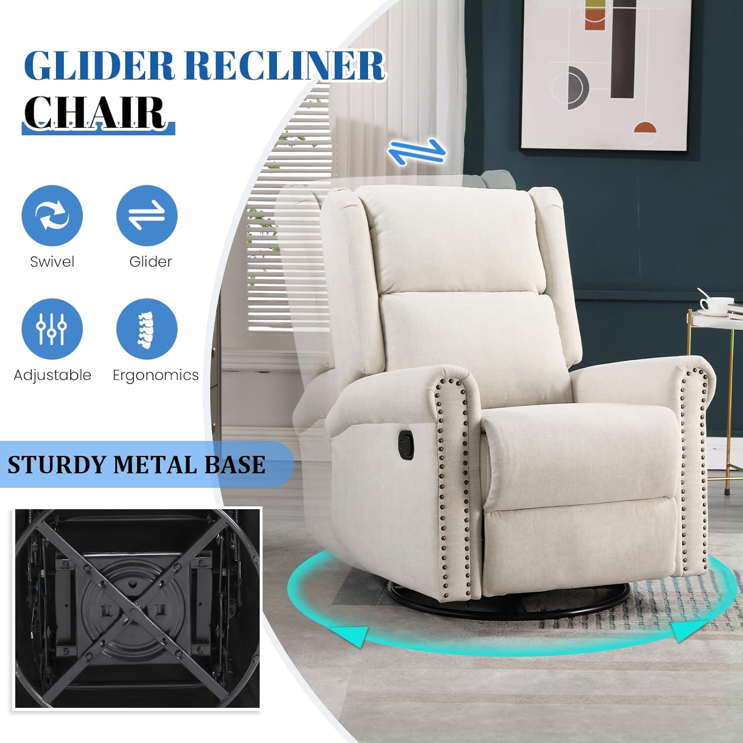 Antetek Swivel Rocking Recliner Chair, Velvet Nursery Glider Chair with Footrest/High Back, Manual Wingback Upholstered Nursery Rocking Chairs for Living Room, Nursery, Bedroom, Ivory