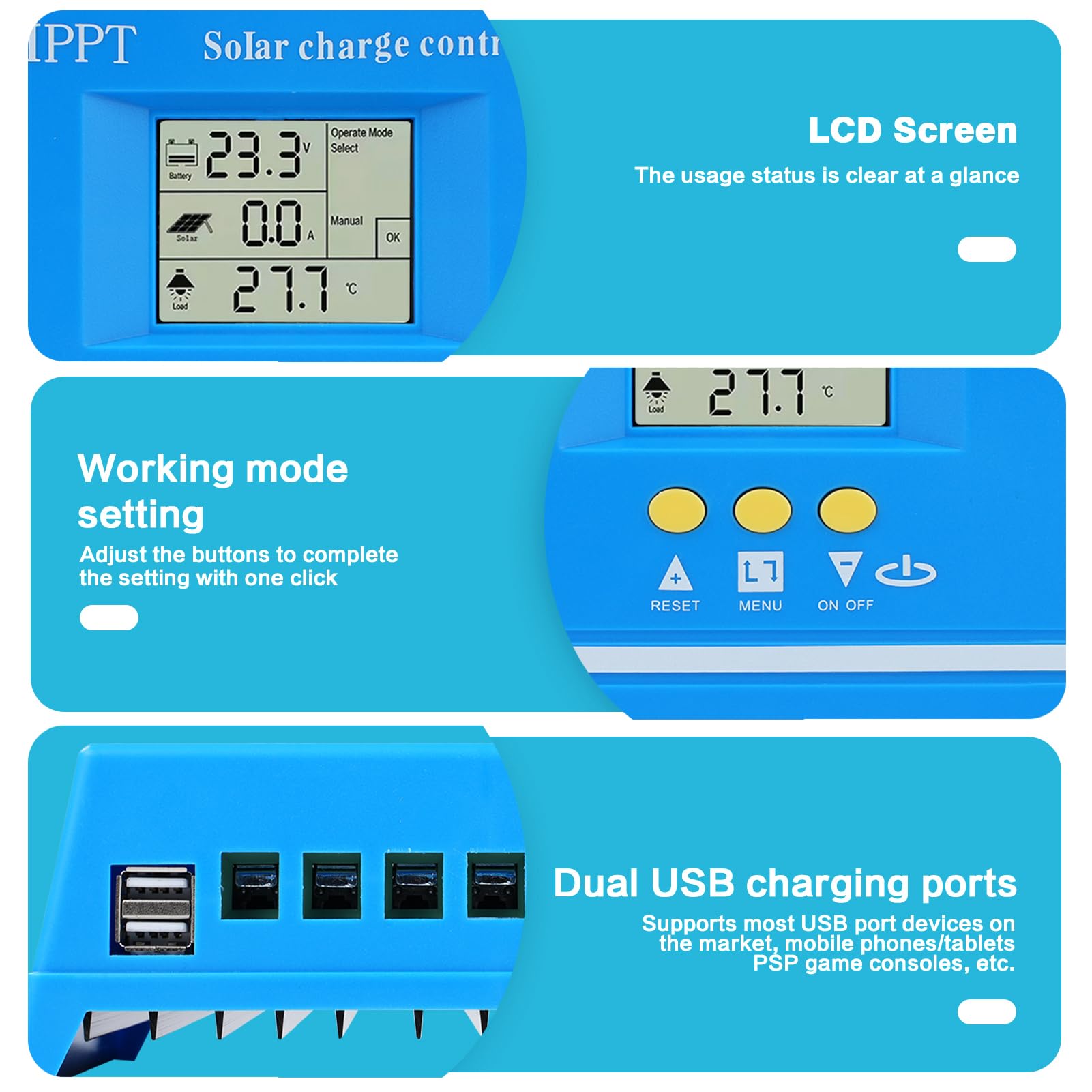 Buyweek MPPT Regulador de Carga Solar 12/24/36/48V Controlador de Carga Solar 12V Inteligente Regulador Solar con dual USB e pantalla LCD, para plomo ácido/litio, Máx 100V
