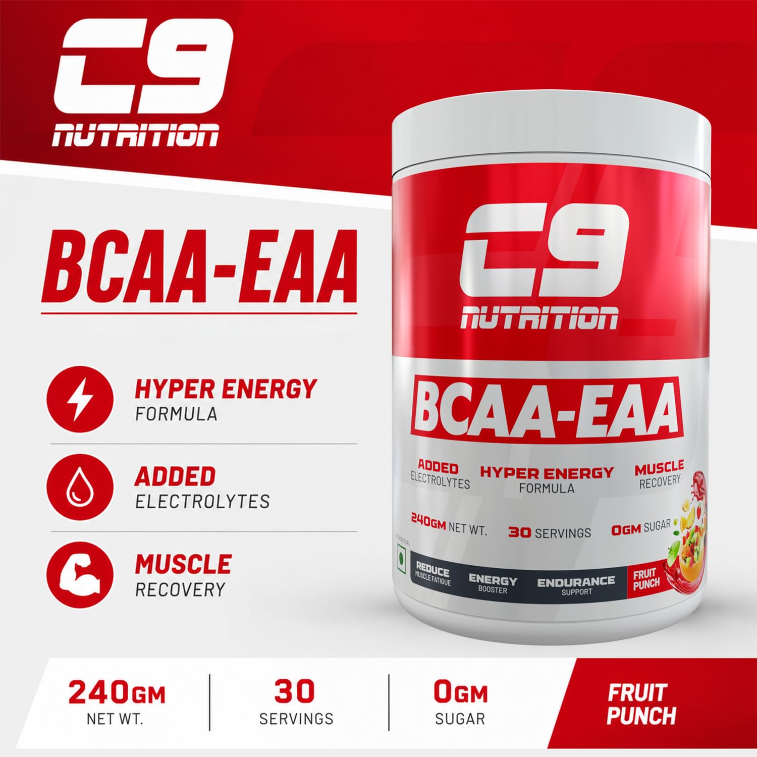 C9 NUTRITION BCAA EAA Powder with 5000mg BCAA, 9000mg EAA & 500mg L-Arginine | Sugar-Free Amino Acid Supplement with Electrolytes for Workout & Muscle Recovery | (30 Servings, Fruit Punch Flavour) — Amazon image 7