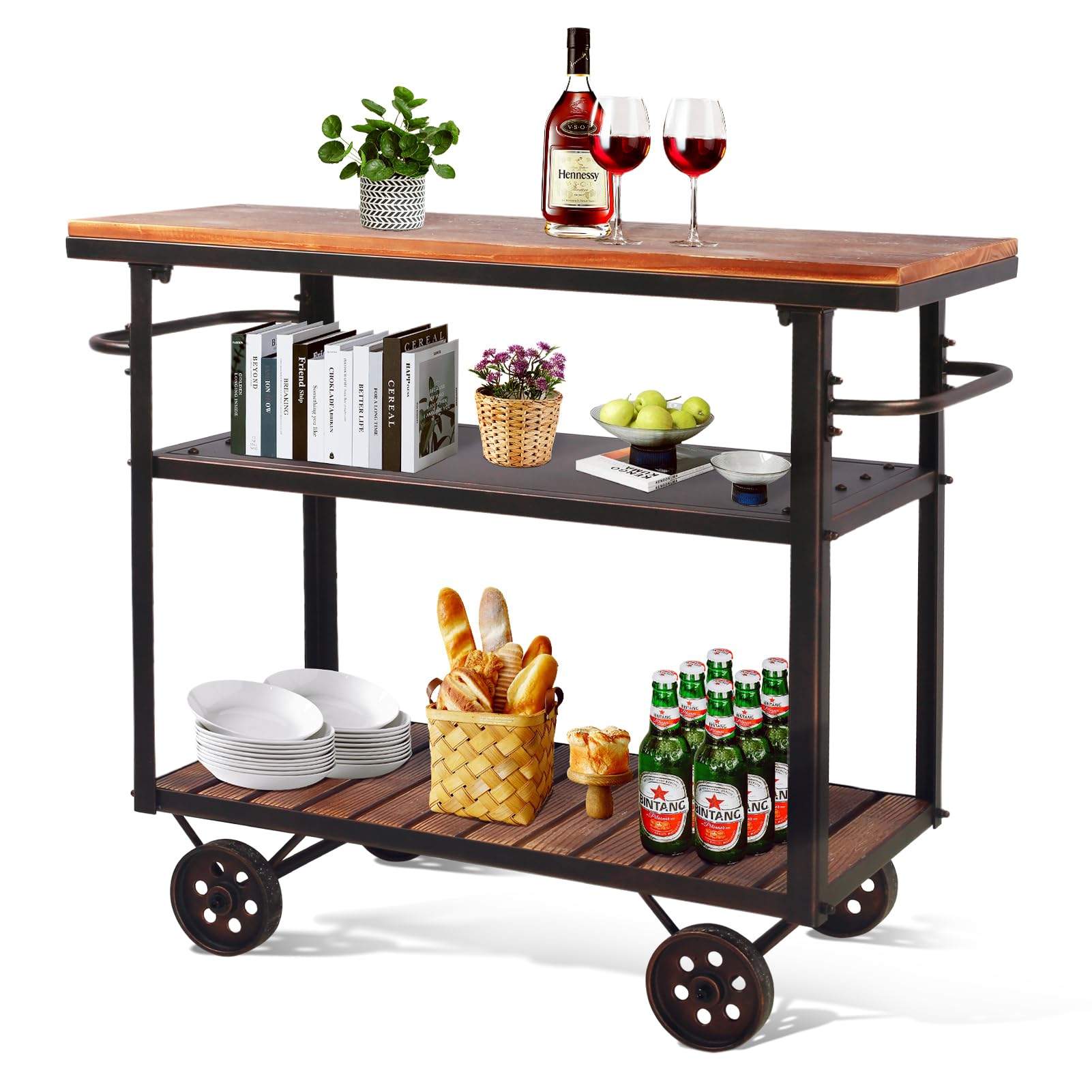 Topower Industrial Bar Cart, Serving Cart with Wheels and Handle, 3-Tier Beverage Metal Cart with Removable Tray and Storage Shelves for Living Room