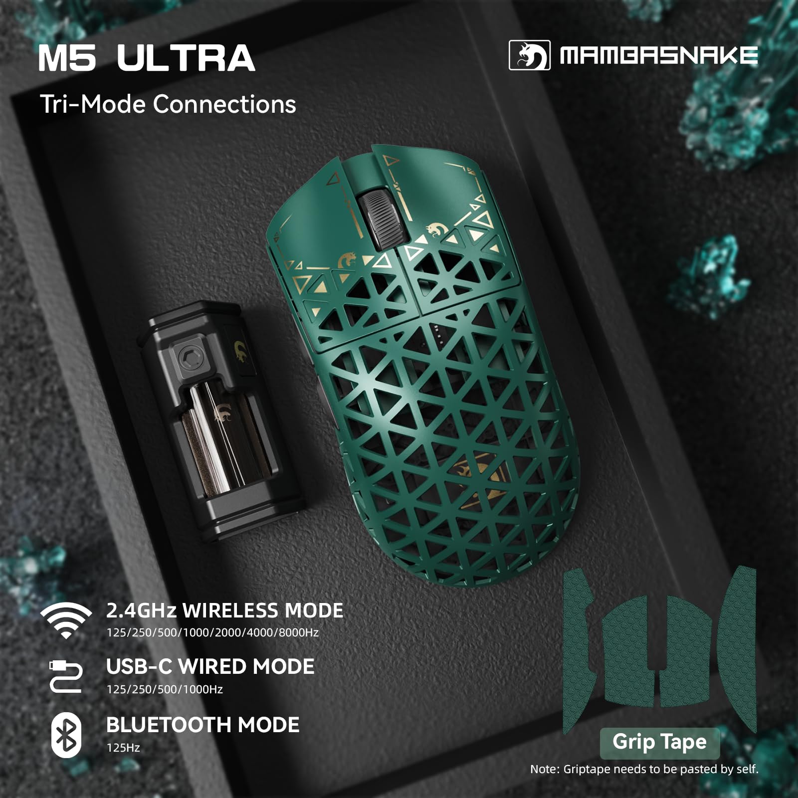 MAMBASNAKE M5 Ultra Souris de Jeu sans Fil en Fibre de Carbone 8000Hz, Jusqu'à 42 000 DPI, Capteur PAW3950 Max, Ultra-légère de 39g, Puce Nordic 52840, 2,4GHz/BT/Filaire, pour PC/Xbox/Mac - Vert