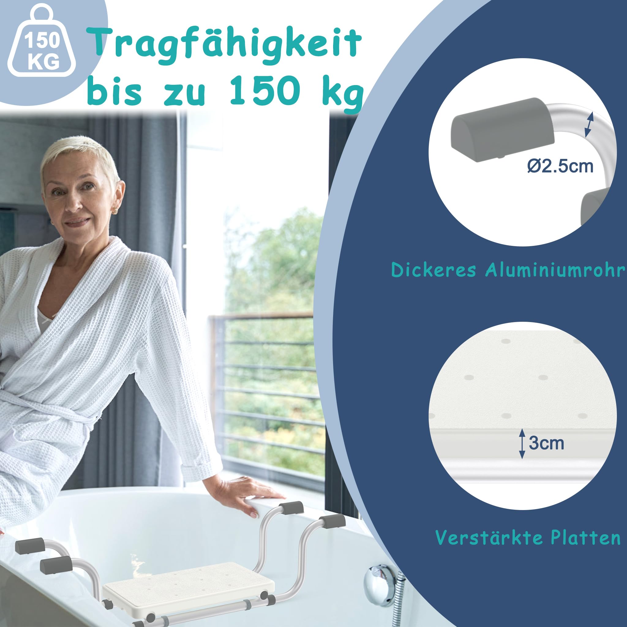 UISEBRT Siedzisko do wanny dla seniorów, wysuwane, 72-82 cm, antypoślizgowe, nośność 150 kg, uniwersalne siedzisko dla kobiet w ciąży, osób starszych, aluminium