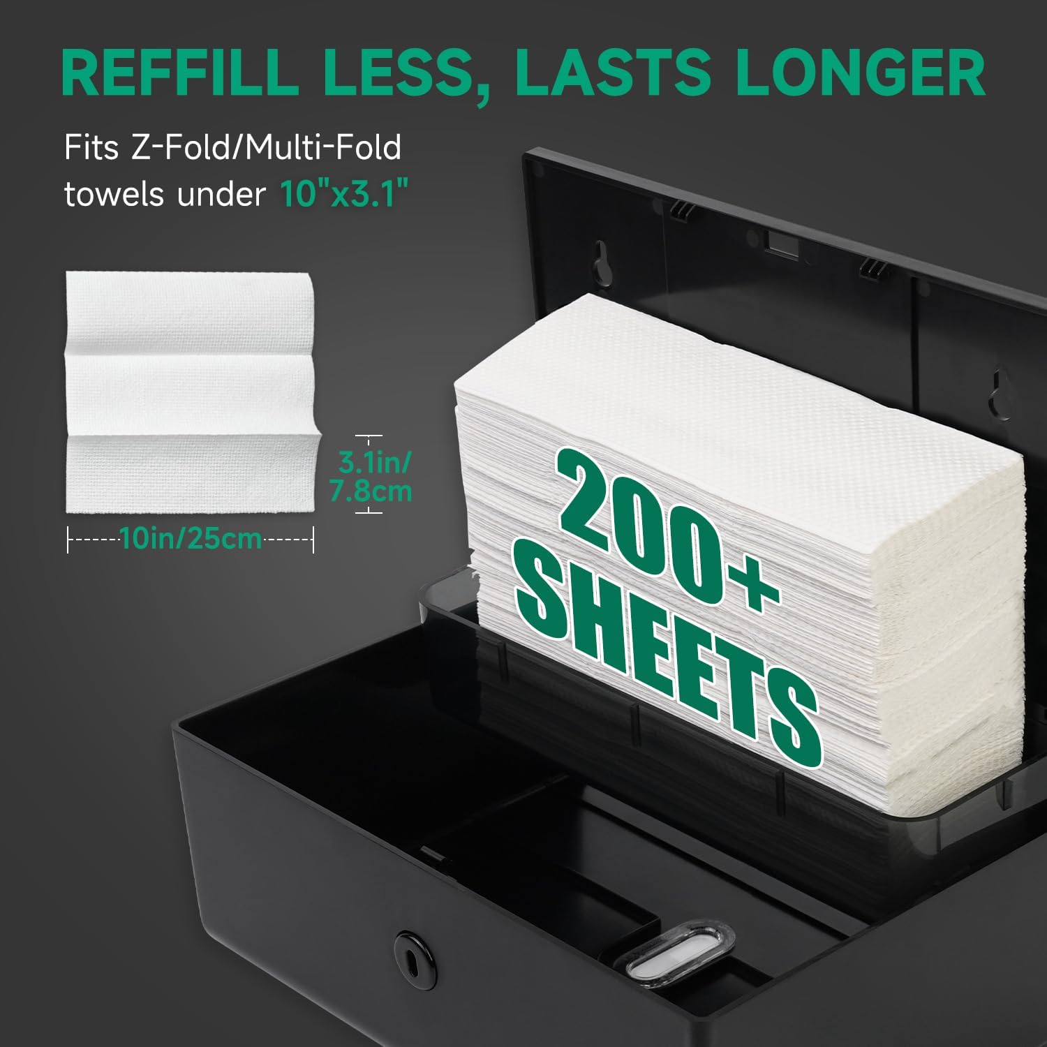 anydry Wall-Mounted Paper Towel Dispenser – Fits Tri-Fold Towels up to 10x3.1 Inches, Holds 200 Sheets, Ideal for Home & Commercial Use (Black)