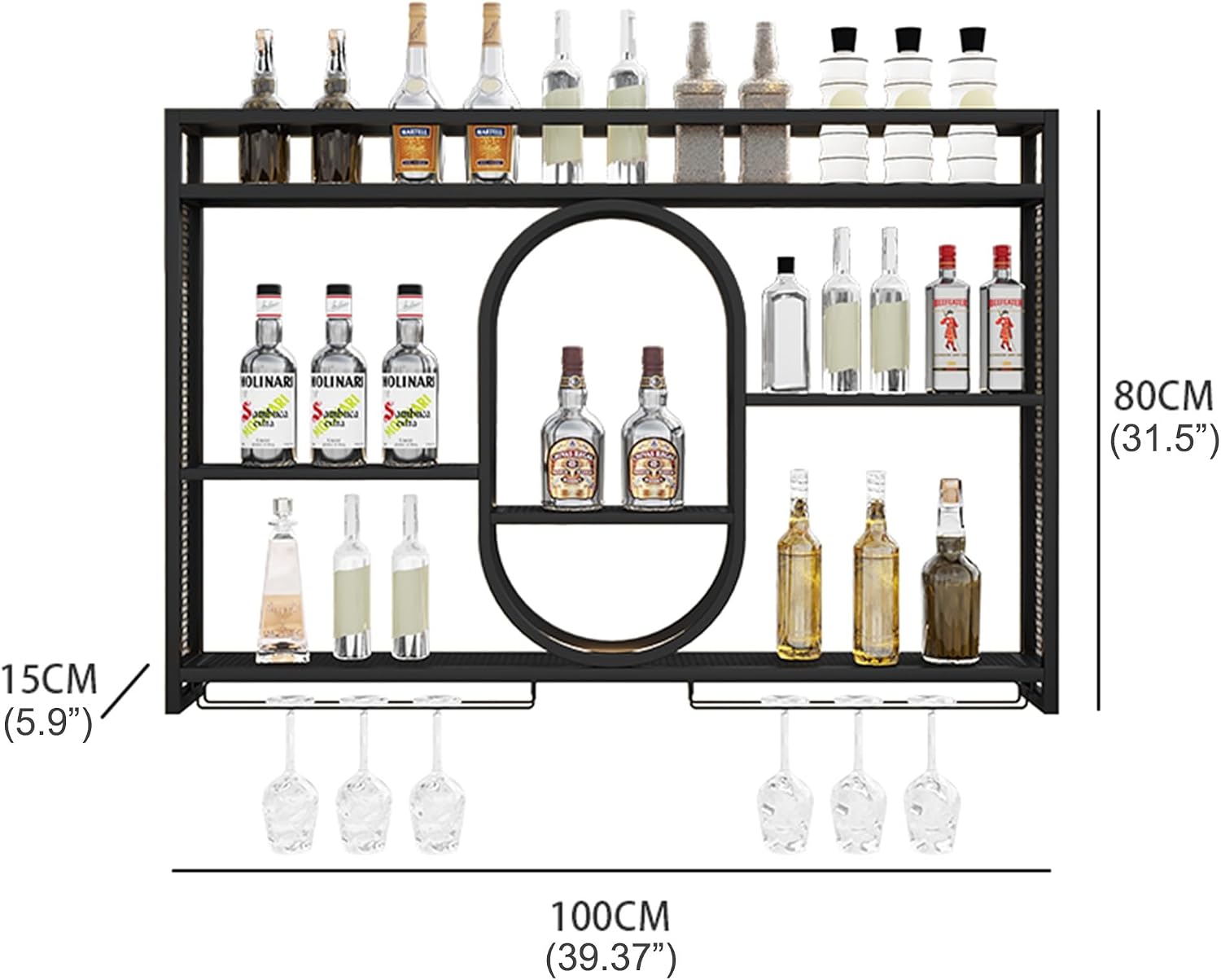 Wine Rack Wall Mounted Floating Bar Shelves Liquor Bottle Shelf Display Shelf for Liquor Bottles with Hanging Wine Glass Rack and LED Light Kitchen Wall Shelf for Home Bar Dining Room Cafe Restaurant(