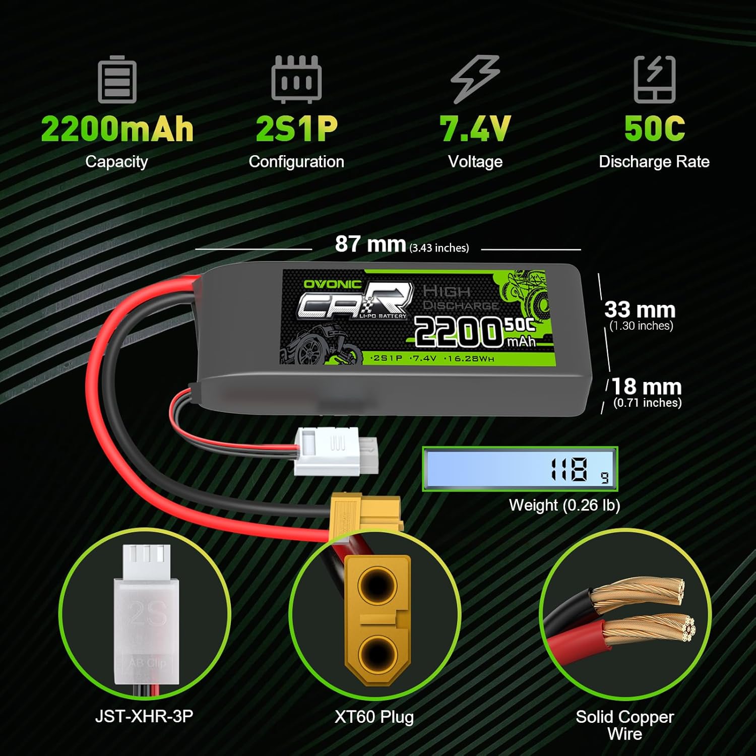 OVONIC 7.4V Lipo 2200 mAh 50C 2S Lipo Battery with XT60+TRA Plug (2 Packs)