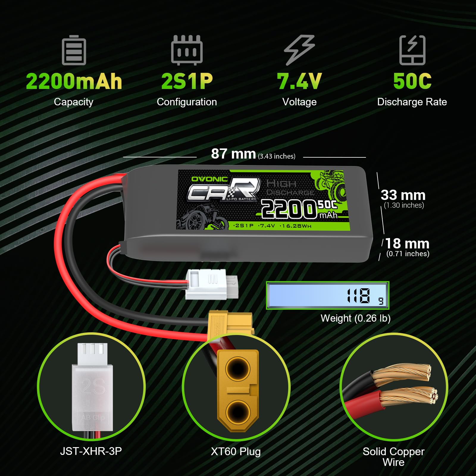 OVONIC 7.4V Lipo 2200 mAh 50C 2S Lipo Battery with XT60+TRA Plug (2 Packs)