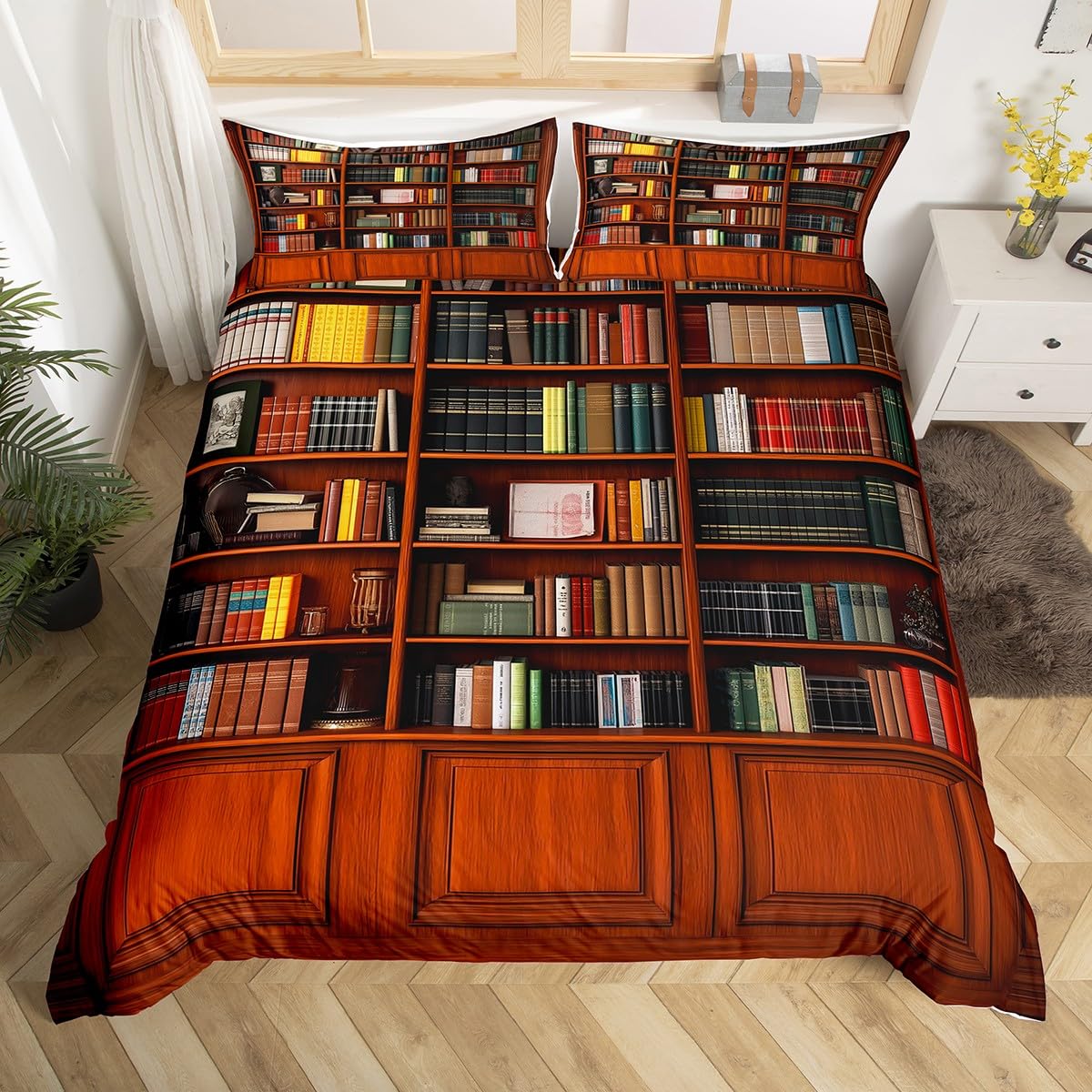 Loussiesd Library Bookcase Bedding Set for Boys Girls, Vintage Library Books Duvet Cover Double Size Retro Bookshelf Academic Collection Comforter Cover Microfiber Bedroom Decor 3Pcs — image 1