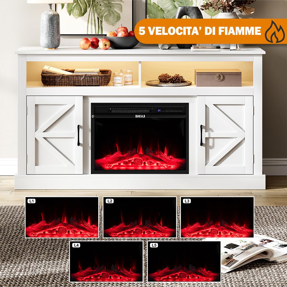 BAKAJI Mobile Tv per Soggiorno in Legno Bianco con Camino Elettrico, Madia a 2 Ante con Caminetto 1800W Completo di Mobile, Riscaldamento Due Potenze, Protezione Surriscaldamento e 15 Colori Luci Led