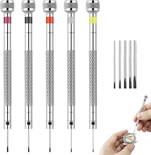Juego de destornilladores de joyería de micro precisión, 5 destornilladores de cabeza plana de 0.031-0.063 in con 5 cuchillas de repuesto