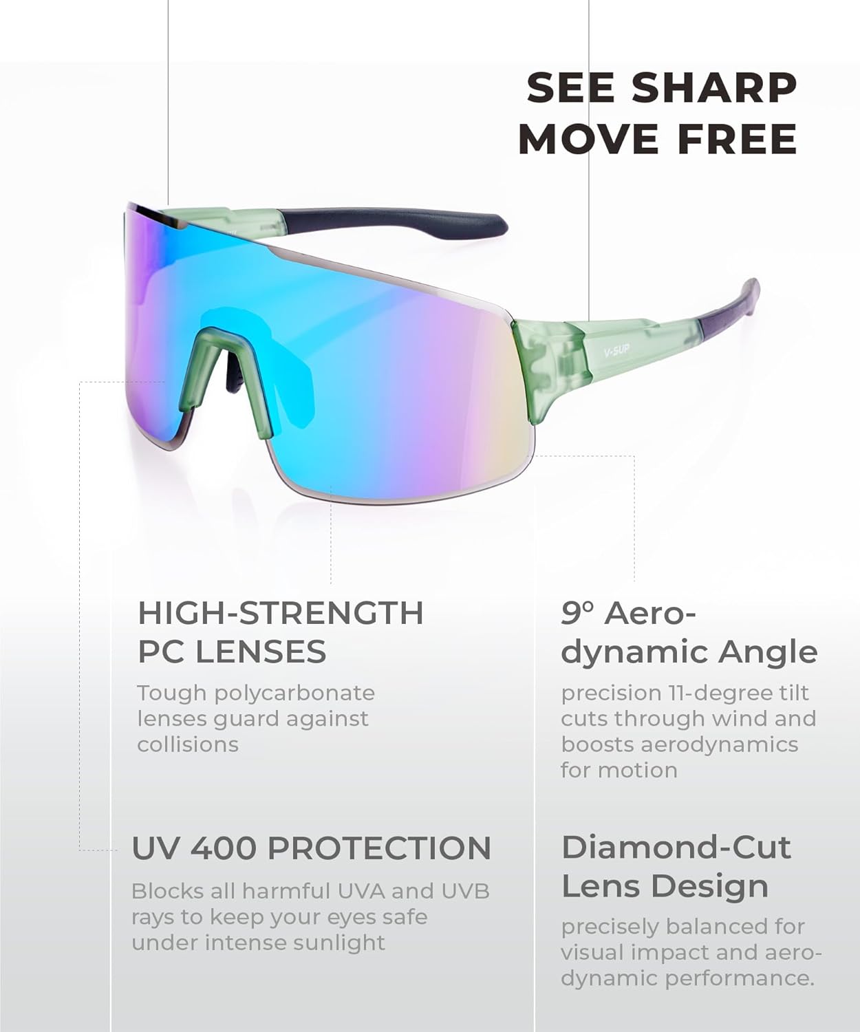V-SUP TR90 Cycling Sunglasses UV400 Protection, Adjustable Ultra-Light Sport Glasses with Case for Running & Outdoor Use - Image 3