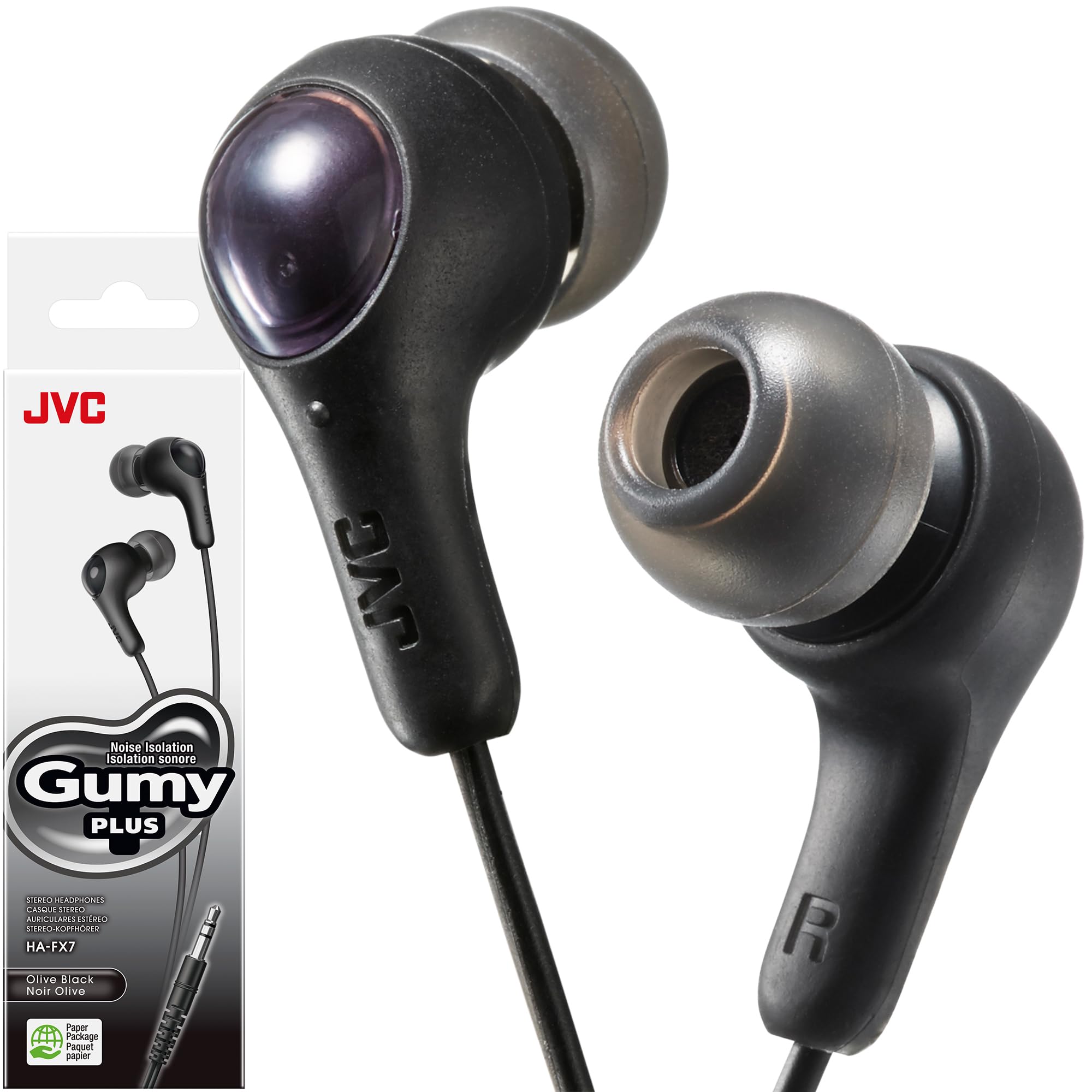 JVC Gumy in Ear Earbud Headphones with Paper Package, Powerful Sound, Comfortable and Secure Fit, Silicone Ear Pieces S/M/L - HAFX7BN (Black)