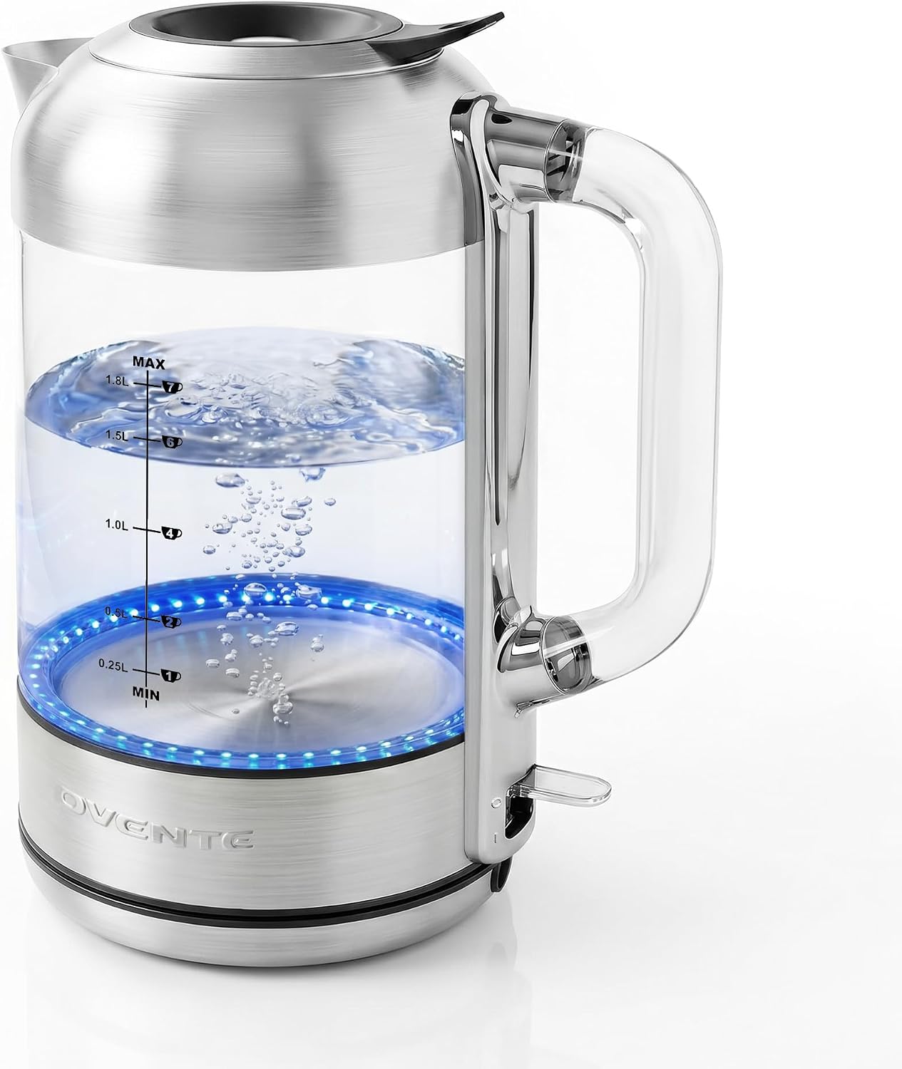 OVENTE Electric Kettle, 1.8L Glass Kettle Stainless Steel Base Water Boiler Electric with Acrylic Handle, 1500W Fast Boil Electric Kettle, Easy Fill Lid, Auto Shut-Off, Silver KG921S