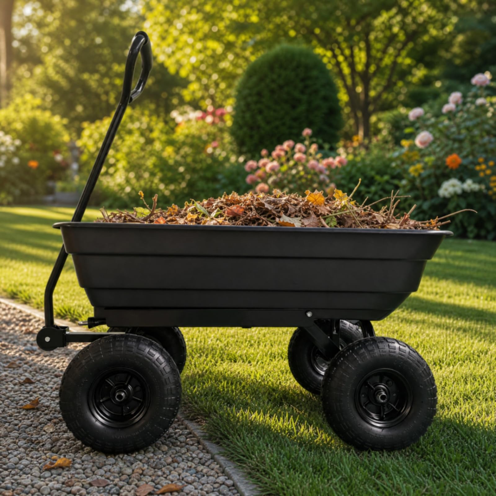 Carrito Jardín 75 litros con Cuba Volcable Robusto Carrito Utilitario Jardín con Neumáticos Goma para Paisajismo, Negro