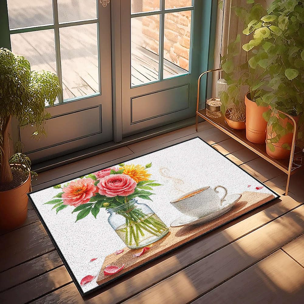 Paillasson extérieur 65x90 cm avec motif fleurs et plateau de thé pour entrée et terrasse