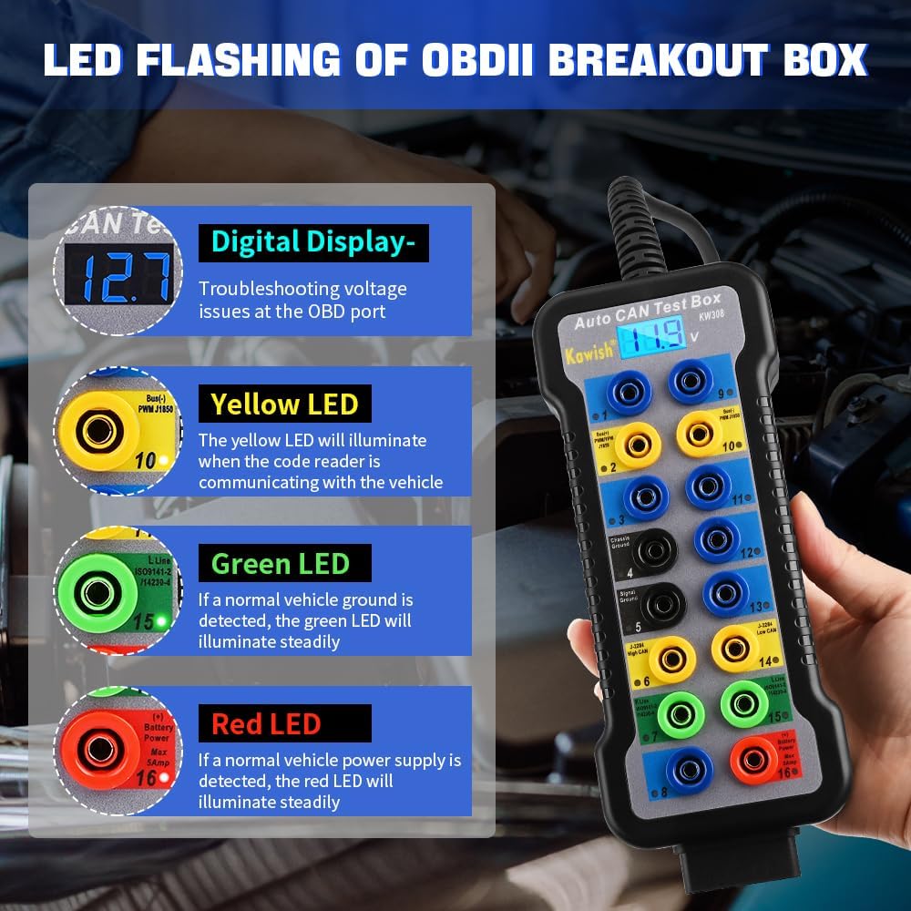 OBD2 Breakout Box Auto OBDII Protocol Detector 16-Pin CAN Bus Test Breakout Box with LCD Display for OBDII Protocol Communication Detection/ECU Tool