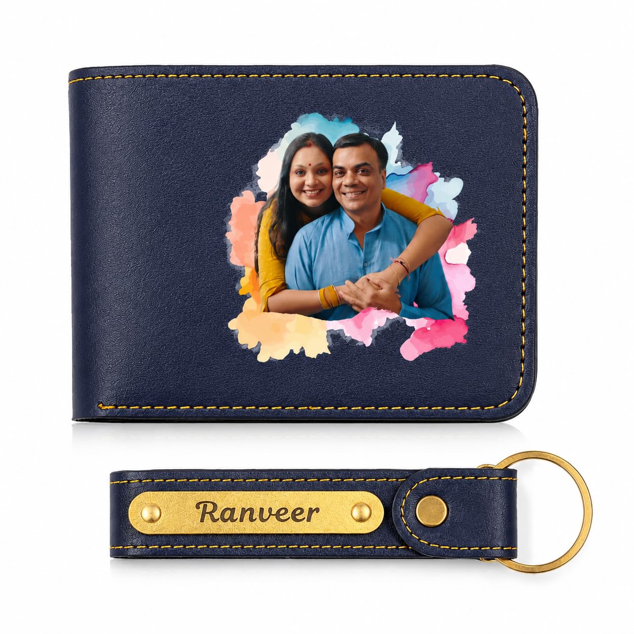Customised Photo Wallet and Keychain Set with Holi Design. PU Leather Card Holder Wallet with Name and Image in Color.-image-5