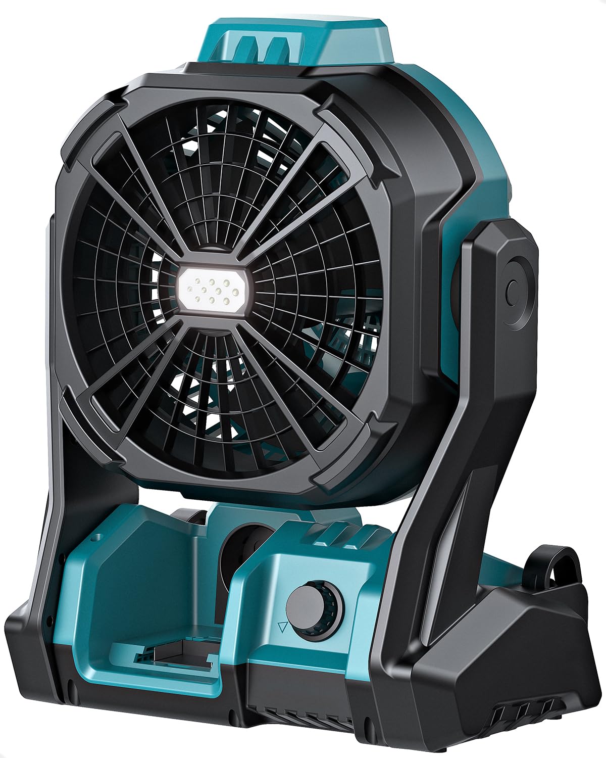 battery operated fan, for makita 18v battery, camping fan cordless, option for corded, with led lights, variable speed, hook for hanging, for jobsite, blue(battery not included)