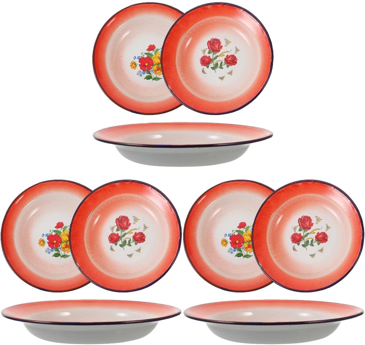 Hemoton 9-Piece Vintage Enamel Plates Set 6.29 Inch Floral Pattern Fruit Serving Dishware Multipurpose Food Container Tableware for Kitchen Dining