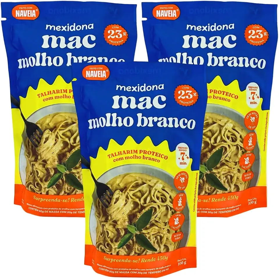 Kit com 3 Pouchs de Mac Molho Branco Talharim Proteico com Molho Branco de 100g cada - Mexidona