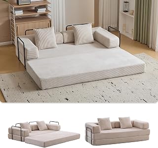 Convertible Sleeper Sofa Bed, Compression Folding Sofa with Pillow, No Assembly Required, Shape Frame, Floor Sofas Lounge Couch for Living Room, Bedroom, Small Spaces(Corduroy, 77''W, Light Grey)