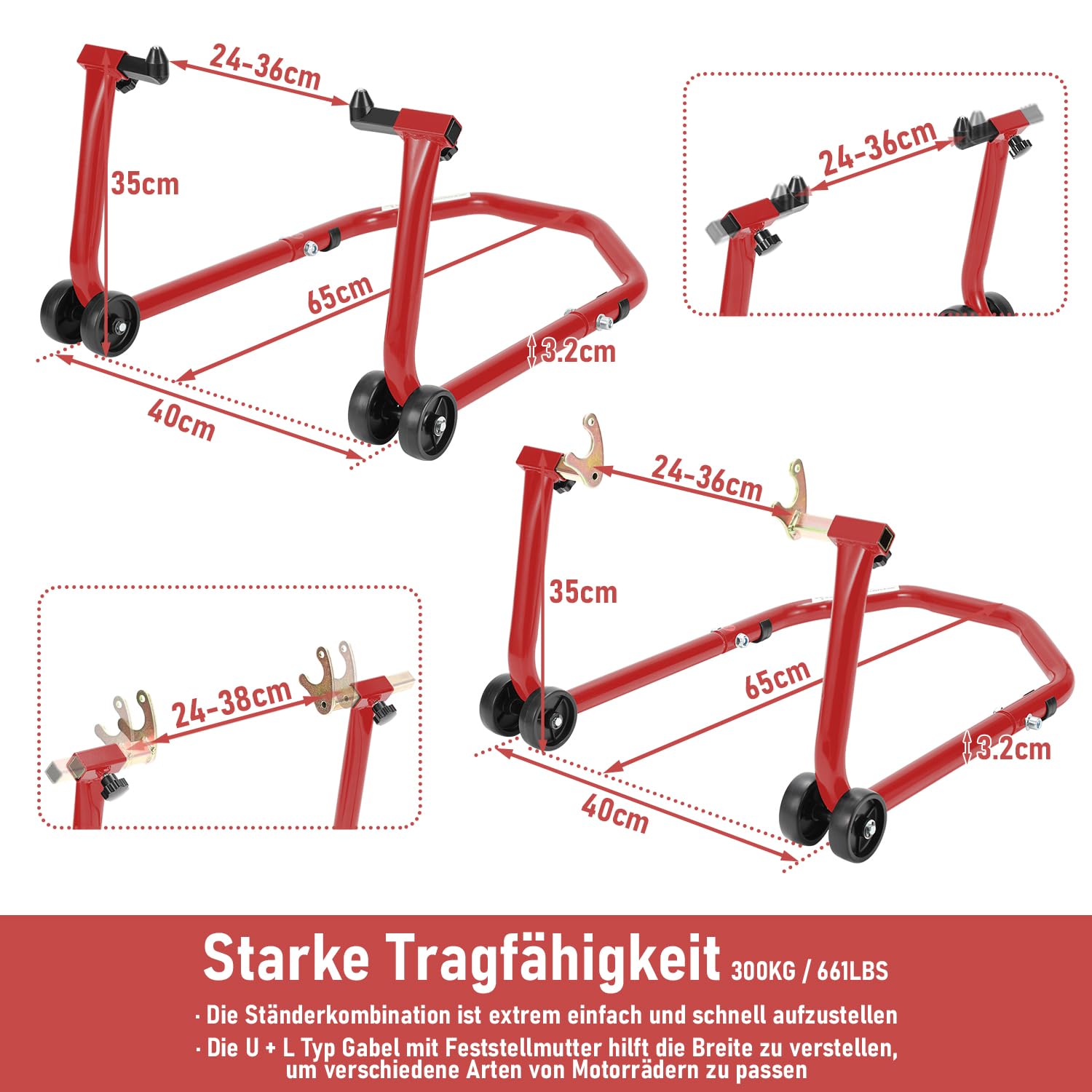 Béquille de montage arrière de moto, béquille de moto, levage de moto arrière, élévateur de montage en acier, largeur réglable, travaux de maintenance/montage pour motos jusqu'à 300 kg, rouge