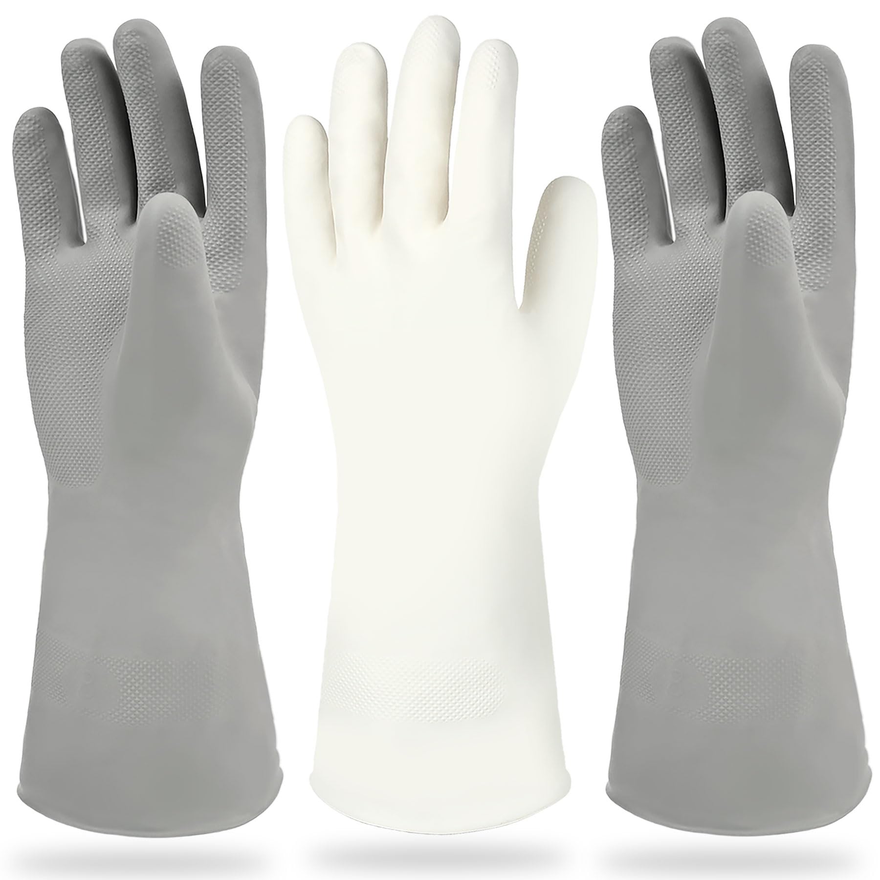 Cleanbear Guantes de limpieza de goma sin látex, reutilizables, ligeros y duraderos, juego de 3 con 2 pares de guantes grises y 1 par de blancos (12 pulgadas)