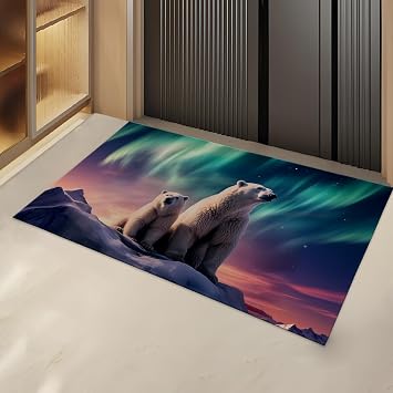 Polar Bears and Northern Lights Indoor Door Mat Gifts, Floor Area Rug for Entryway, Living Room or Bathroom, Non-Slip Arctic Winter Scene Doormat Home Decor Rug 17x29.5 Inch