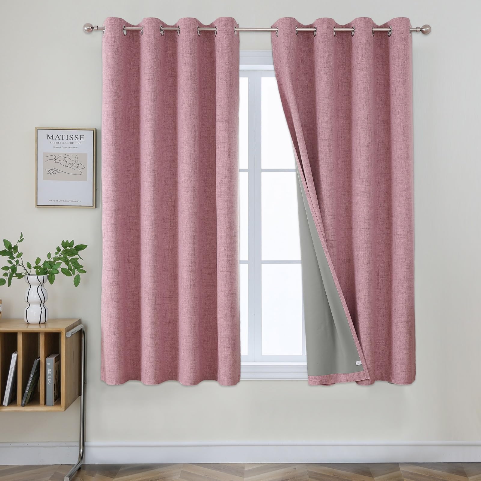 Joydeco 100% Tende Oscuranti per Interni 2 Pezzi, Lino Tende Termiche con Occhielli per Soggiorno Moderne, Cameretta Bambini, Camera da Letto Blackout Curtains(Rosa, 2xL117xA137)