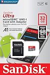 SanDisk Ultra 32GB microSDHC UHS-I Carte avec adaptateur - 98MB/s U1 A1 - SDSQUAR-032G-GN6MA, 3 Boîte(32GB)