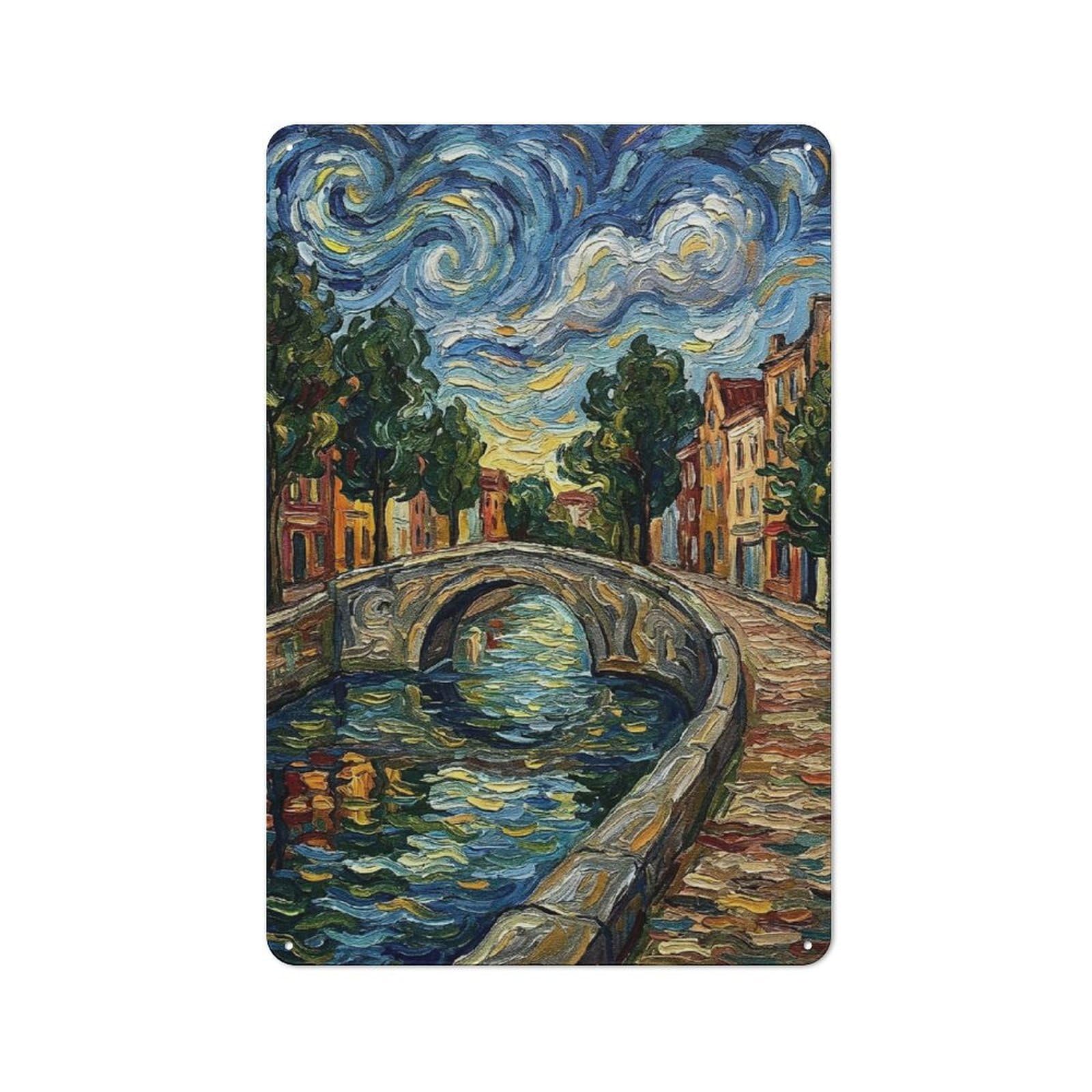 Junmoney Style-10 Rustic Metal Sign With Impressionist Canal Bridge At Sunset Design 30X20cm, Country Vintage Cottage Wall Art For Kitchen, Cottage, Porch Or Garden Room