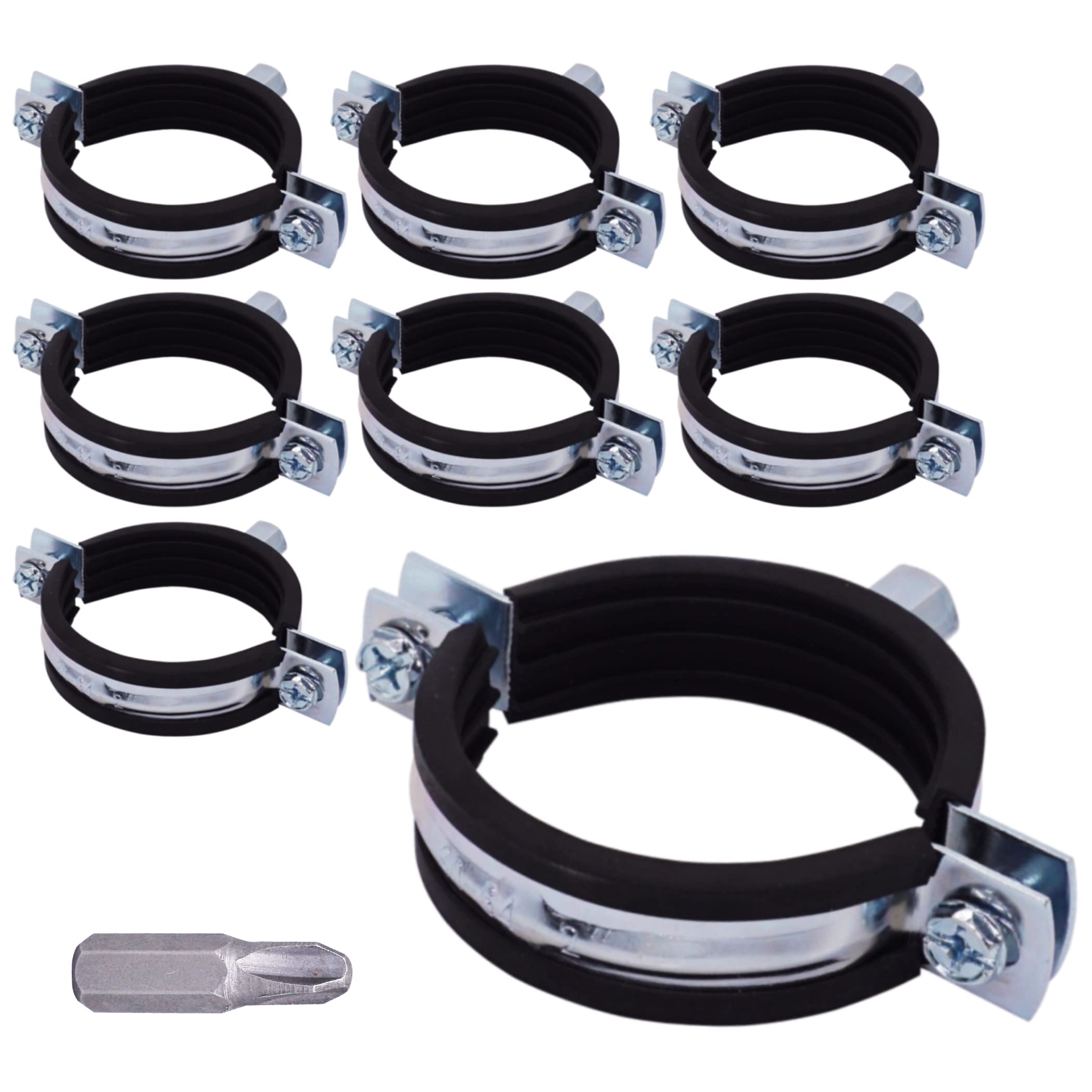Skir'co Black (8 Pcs) Pipe Brackets With Rubber Linings For 60-64 Mm Pipes, Pipe Clamps, Pipe Supports For Wall And Ceiling Mounting