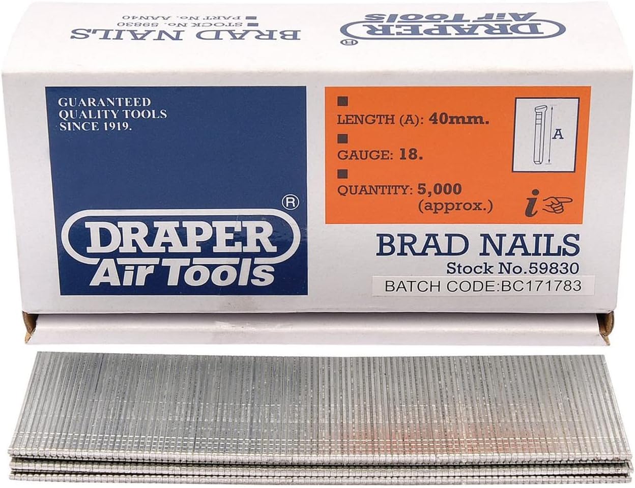 Draper 59829 Brad Nail, 38mm, Pack of 5000