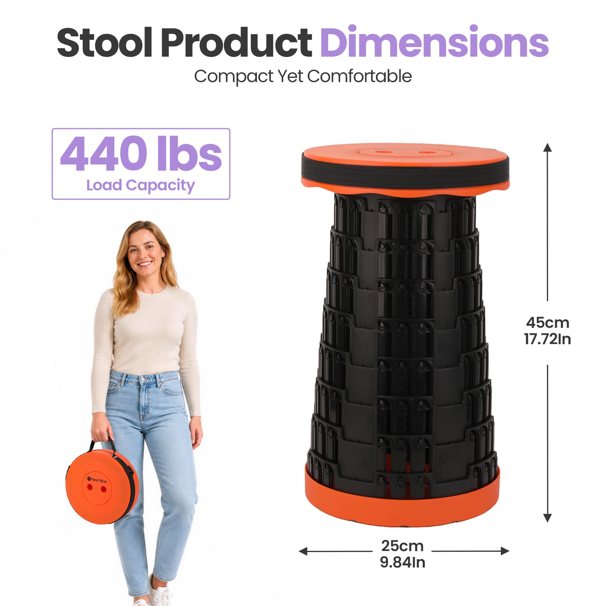 Event Decor Shop Tabouret de camping télescopique pliable 200 kg - Orange, 3 pièces | Siège réglable, tabouret rétractable en plastique haute résistance pour événements et activités en intérieur et en extérieur