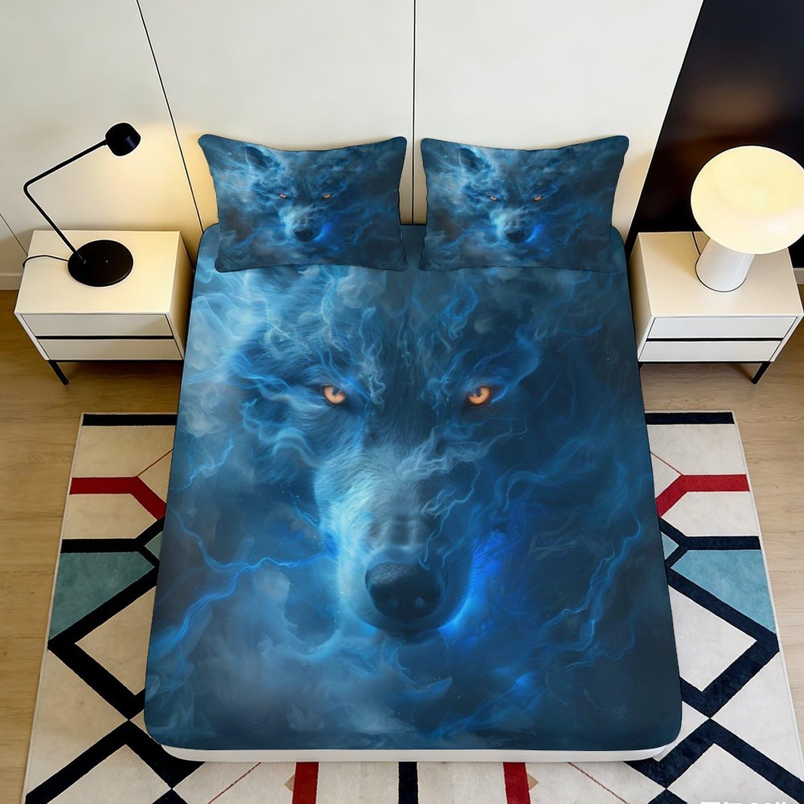 3D Printed Blue Wolf Fitted Sheet Microfiber Soft Mattress Cover with Fire Eyes for Bedroom Dorm Decor 90x200x25cm