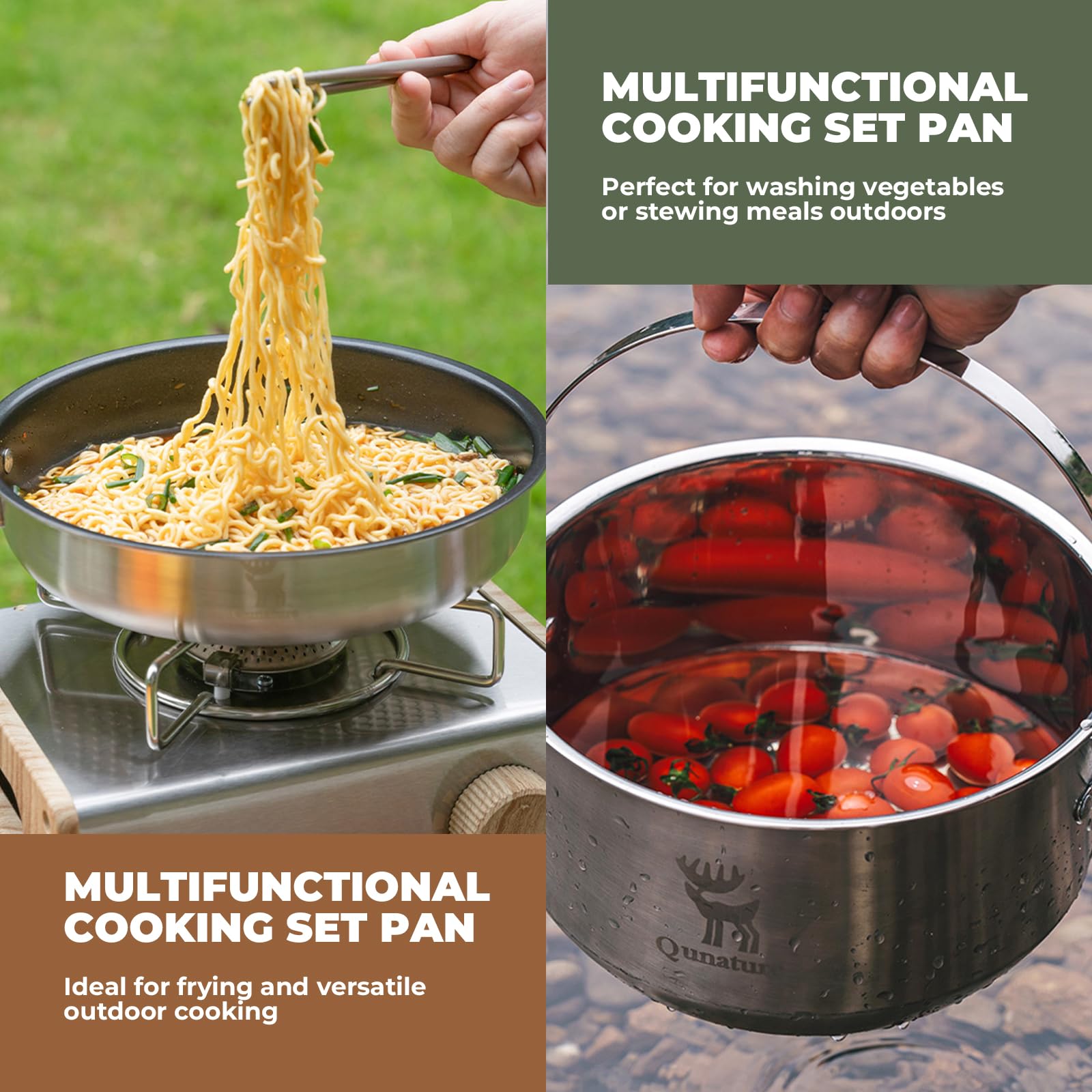 Kit de Utensilios de Cocina para Camping, 11 Piezas Ollas, Sartenes, Tazones y Tazas de Acero Inoxidable, Apilable con Bolsa de Almacenamiento para Senderismo, Acampada y Aire Libre