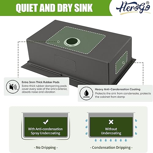 Miniatura 5 de Herogo Fregadero de cocina de un solo cuenco de 33 x 22 pulgadas con grifo de cocina, fregadero de acero inoxidable calibre 1810 16, montaje