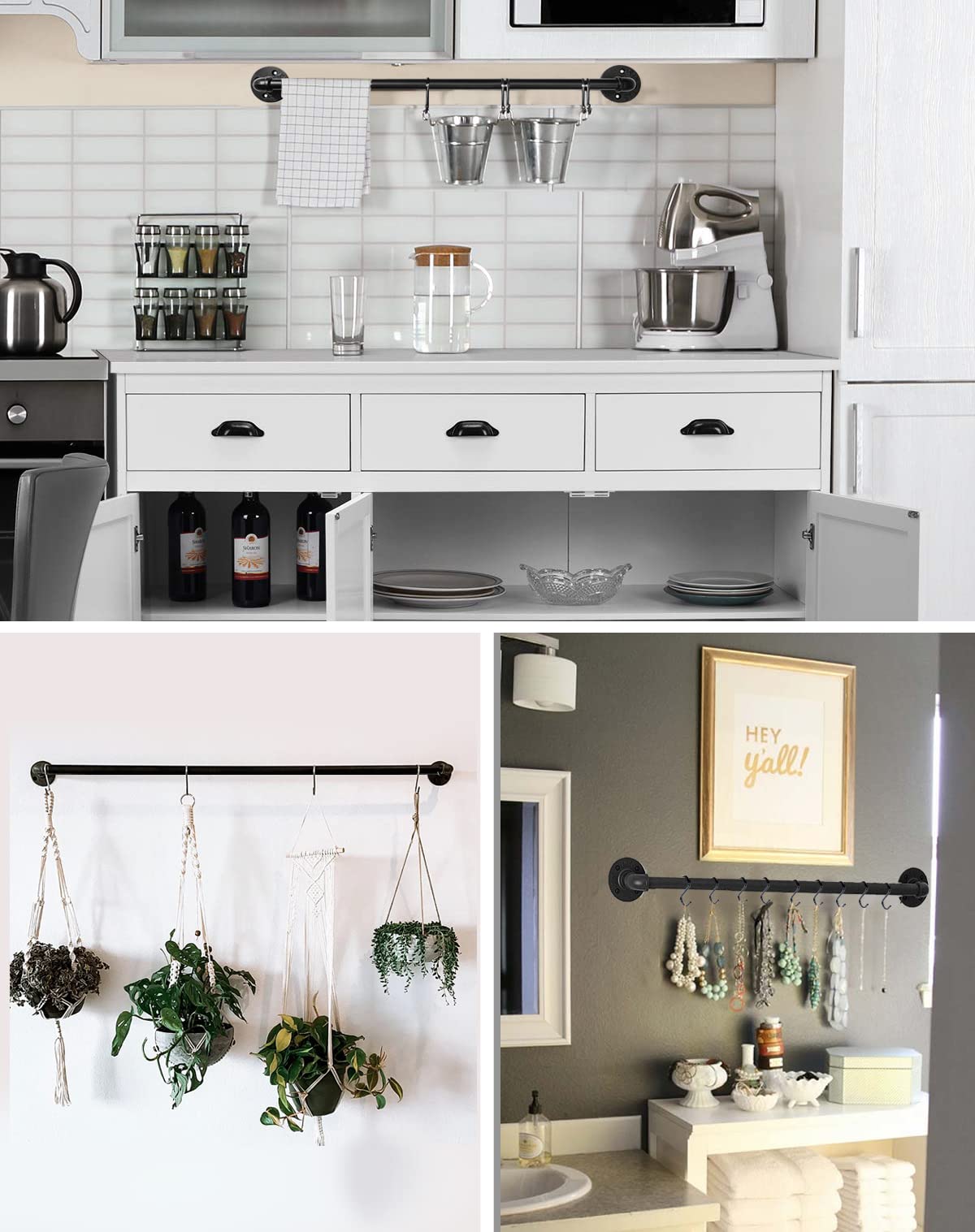 Estante industrial para ollas de 21 pulgadas (paquete de 2), colgadores de pared para ollas, colgador de tapa de riel colgante para cocina con 10 ganchos en S 5