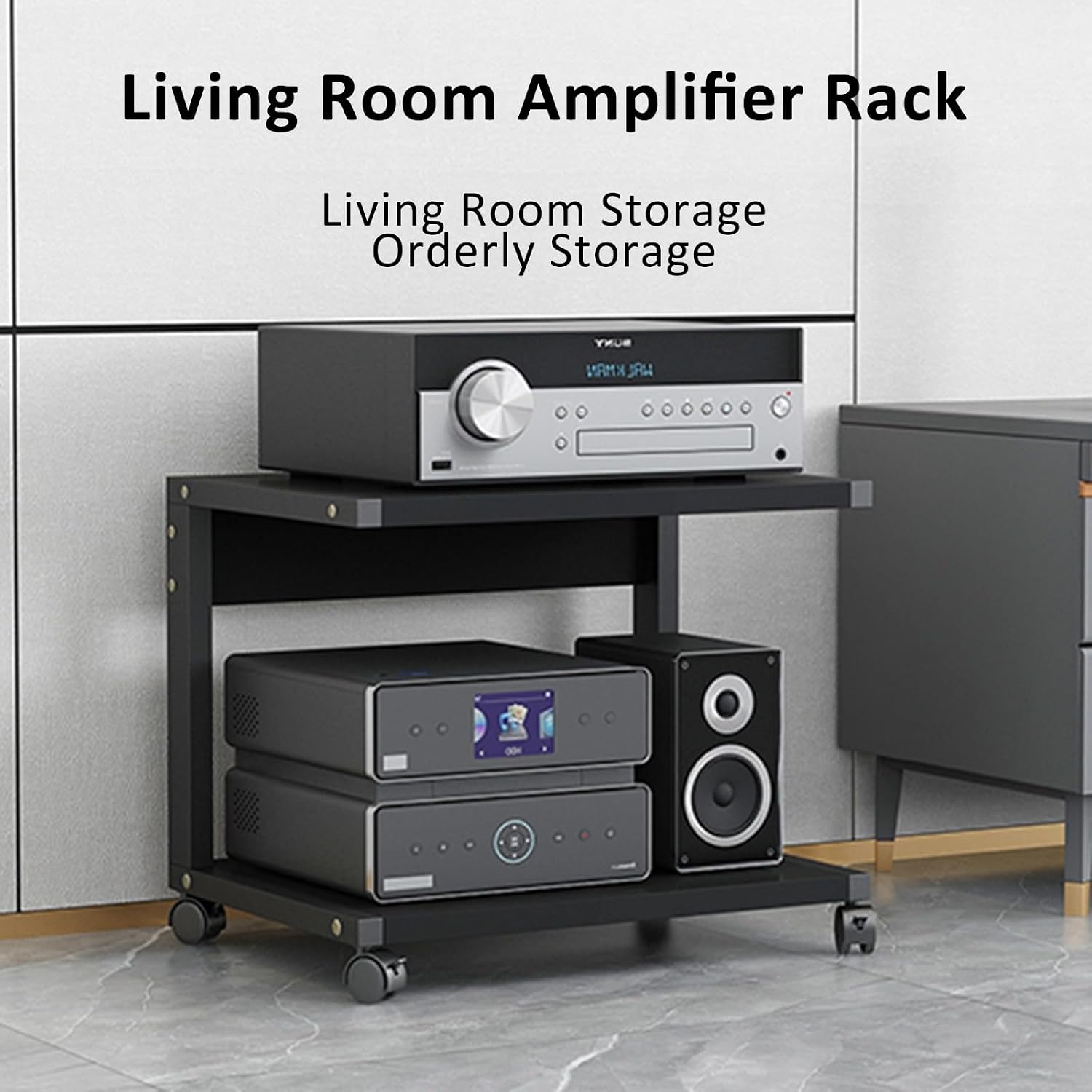 Modern with Wheels Audio-Video Media Stand 2-Tier AV Media Stand Corner Shelf Media Console Cabinet with Height Adjustable Wooden Shelves Stereo Racks and Stands with Storage Shelves(Black+wood,50x40x