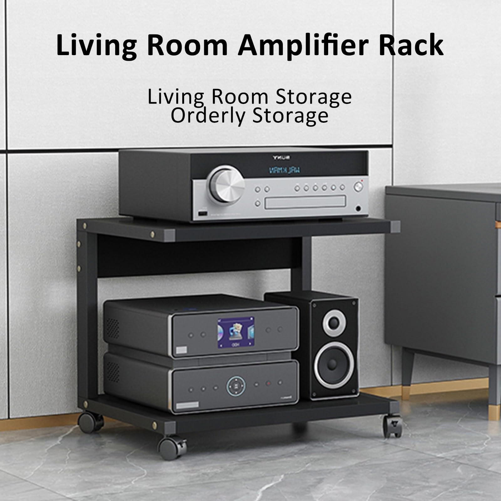 Mueble Equipo Hifi Torre de 2 Niveles Estantes for Amplificadores de Parlantes for Tocadiscos Soporte de MDF Estante de Audio Estante de Almacenamiento de Componentes Estéreo(Black+wood,50x40x40cm)