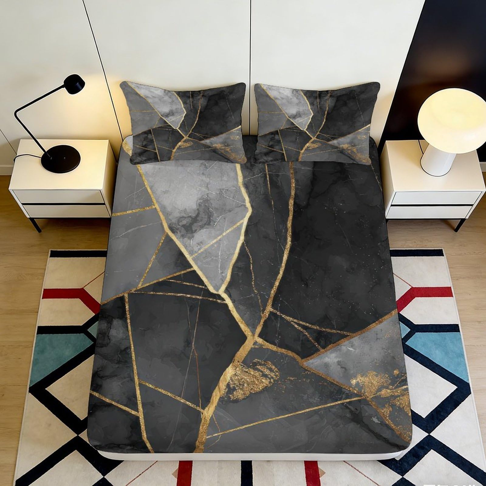 3D Printed Black Grey Gold Marble Fitted Sheet Microfiber Soft Durable Geometric Mattress Cover for Bedroom Dormitory Guest Room Protection 90x200x25cm