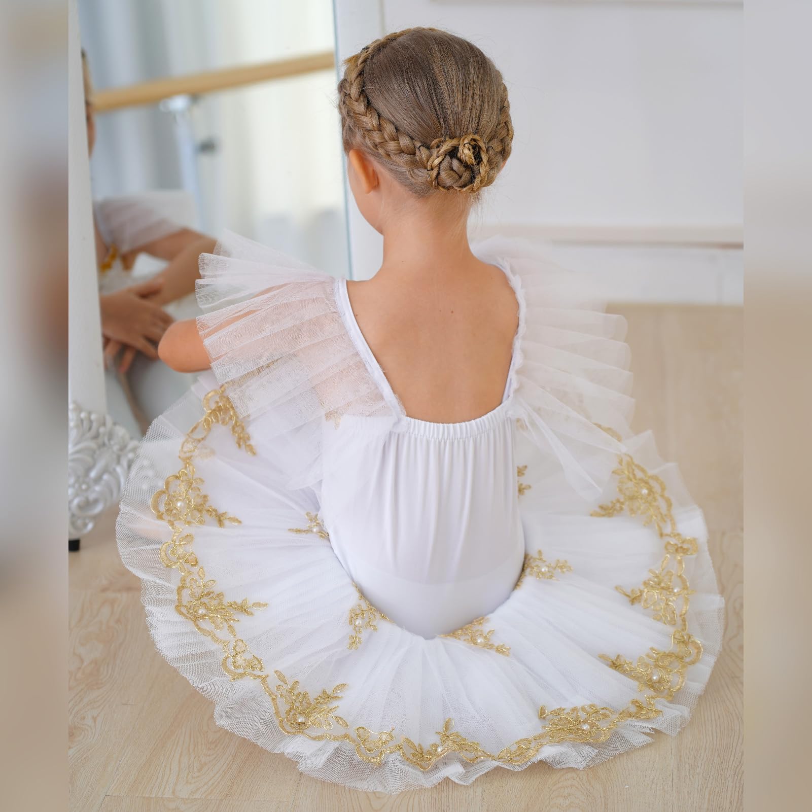 Niño Niñas Vestido de ballet leotardo Disfraz del lago de los cisnes Bordado Dorado Perlas Gimnasia Vestido Body Ropa Danza con Falda Tutu