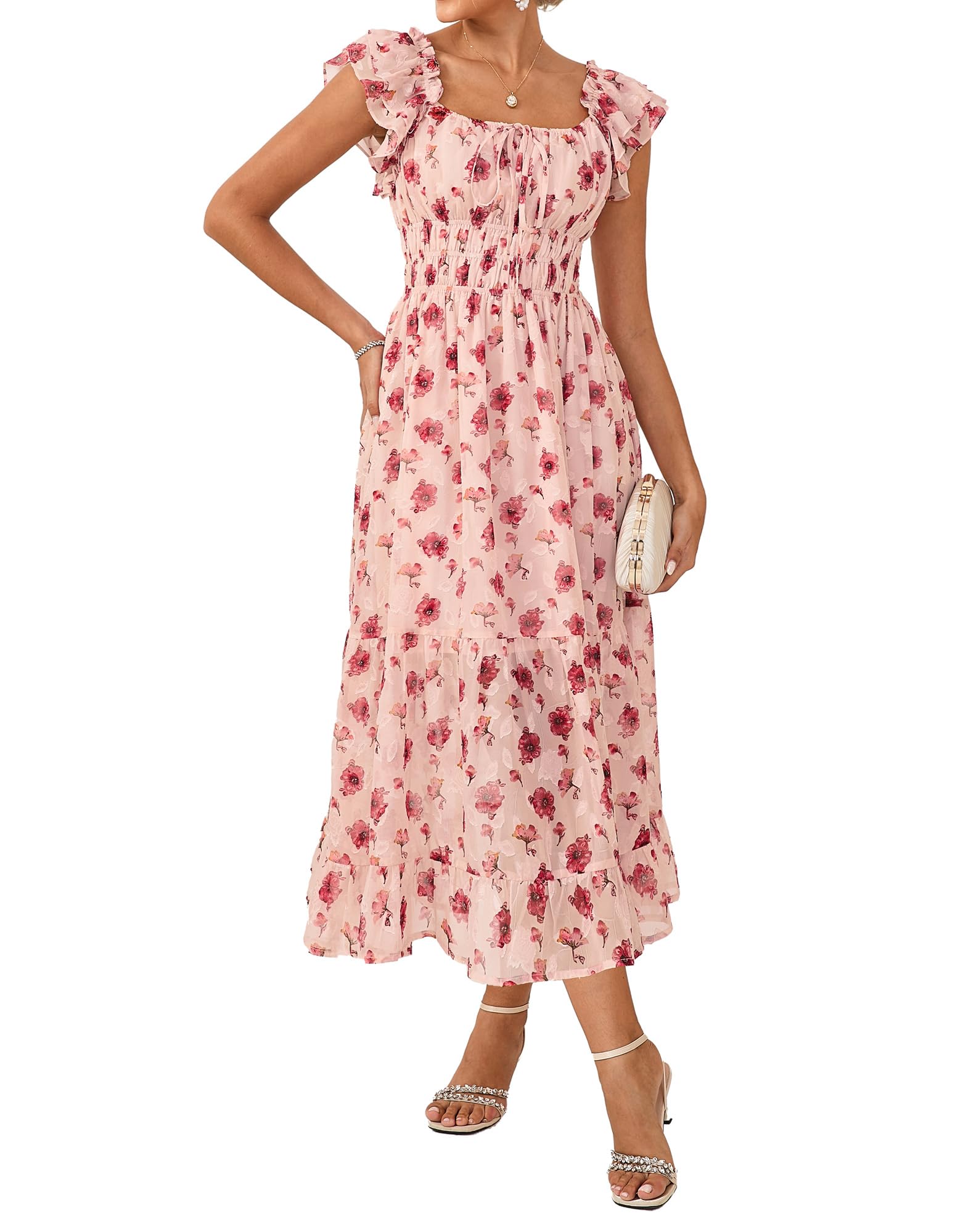 GRACE KARIN 2026 Women's Spring Floral Midi Dress Beach Wedding Guest Dresses Flowy A Line Casual Summer Clothes Pink Rose L