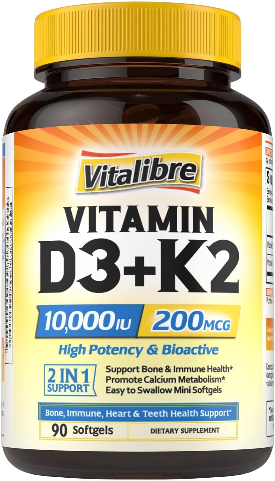 Vitalibre Vitamin D3 K2 Supplement, 10000 IU D3 / 200 mcg K2 MK7, Calcium Absorption, Bone, Heart, Immune & Mood Support, Enhanced Absorption, No Soy, Easy to Swallow, 90 Softgels