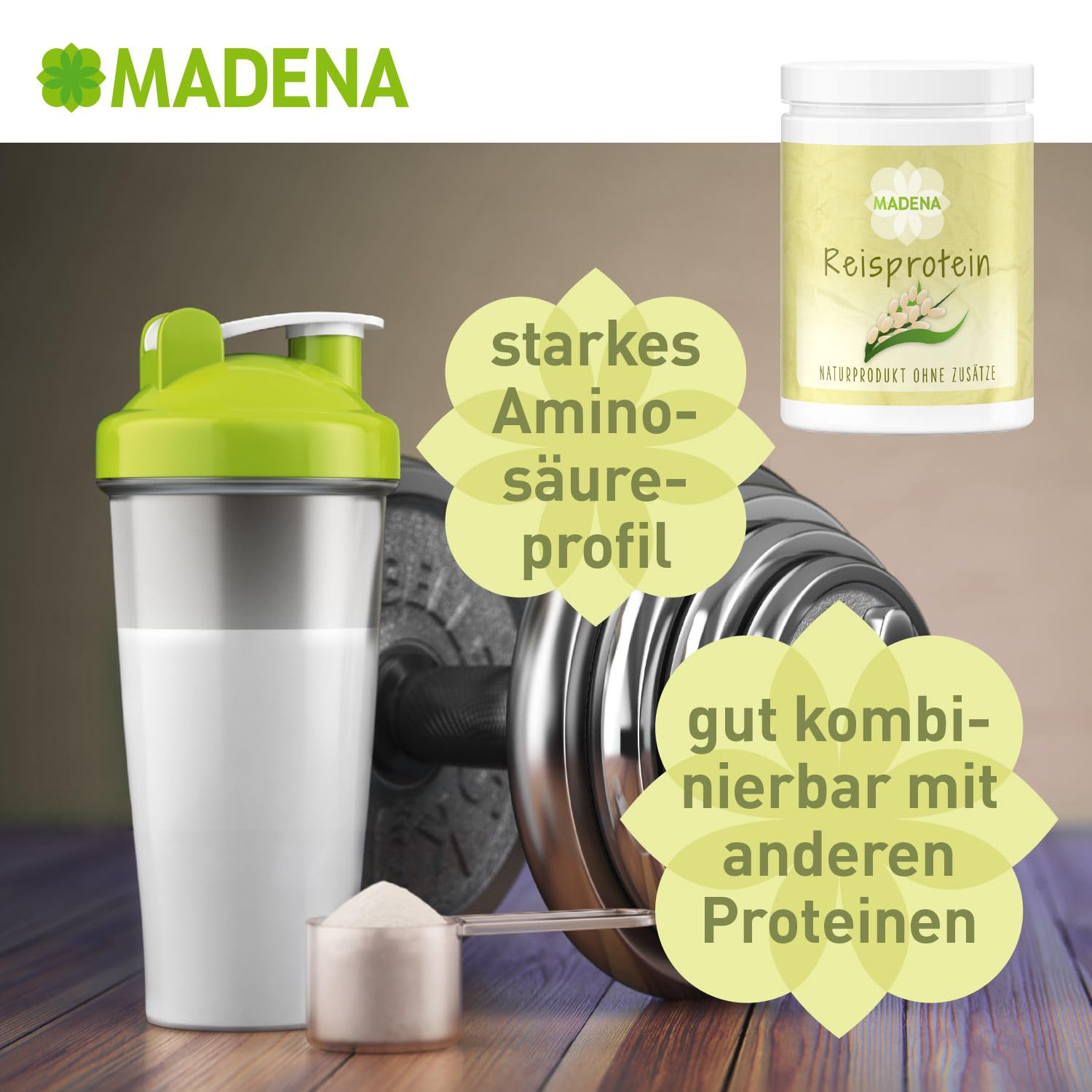 MADENA Reisprotein, 87% Proteingehalt, 1 Kg Vegan Protein, Extra mild, Besonders fein, 100% Proteinisolat, Veganes Protein, Glutenfrei, laktosefrei