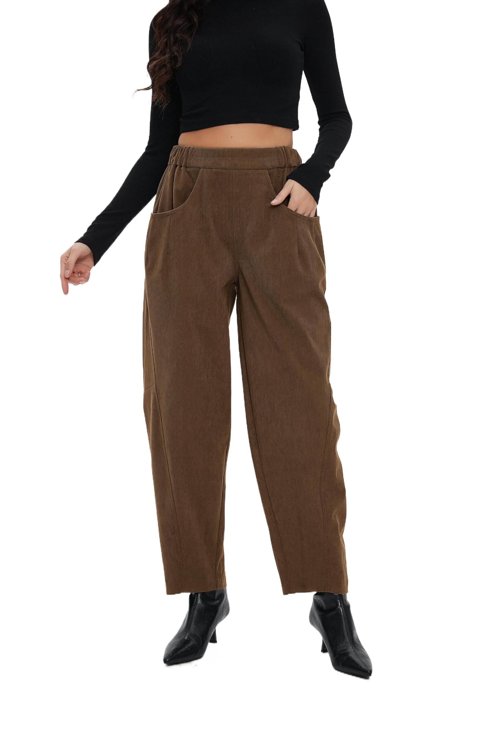 Corduroy Pants for Women Barrel Wide Leg Elastic Waist Pull-On Cord Pants Casual Baggy Trousers with Pockets