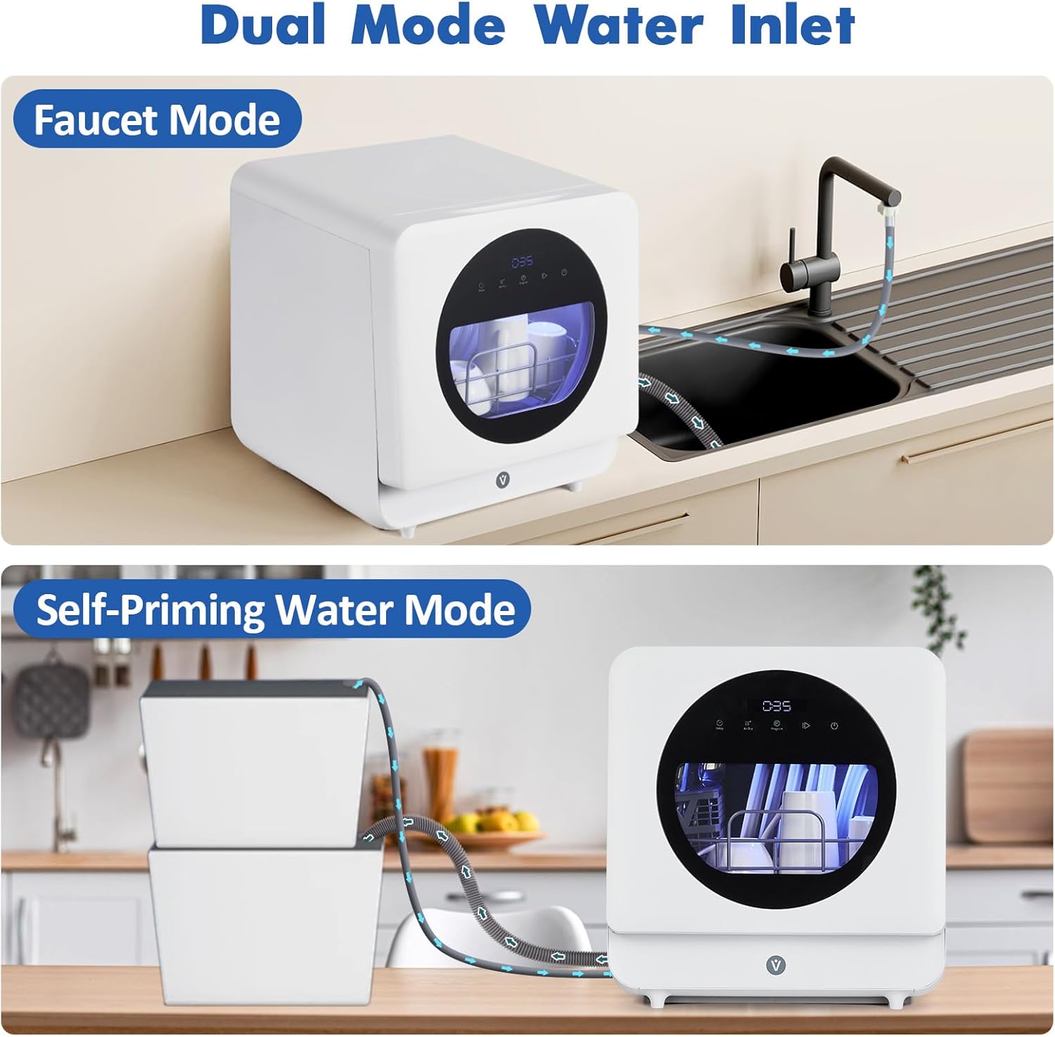 Portable Dishwasher Countertop, Mini Dishwasher with 6 Washing Programs 5.3L Water Tank Hot Air-Dry Function 24H Delayed Start Function LED Light, White