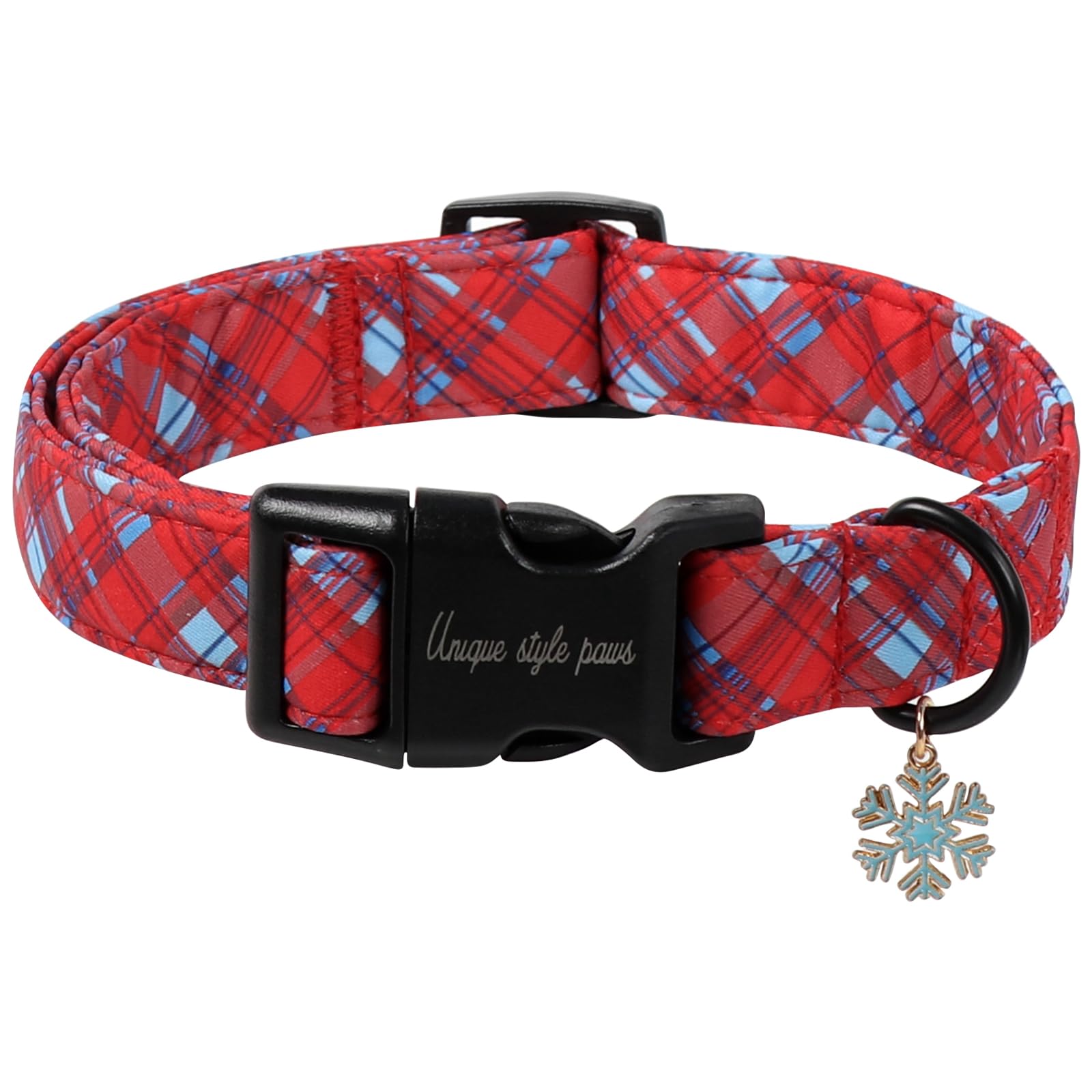 Unique style paws Red Plaid Christmas Dog Collar with Snowflake Charm, Classic Tartan Puppy Collars