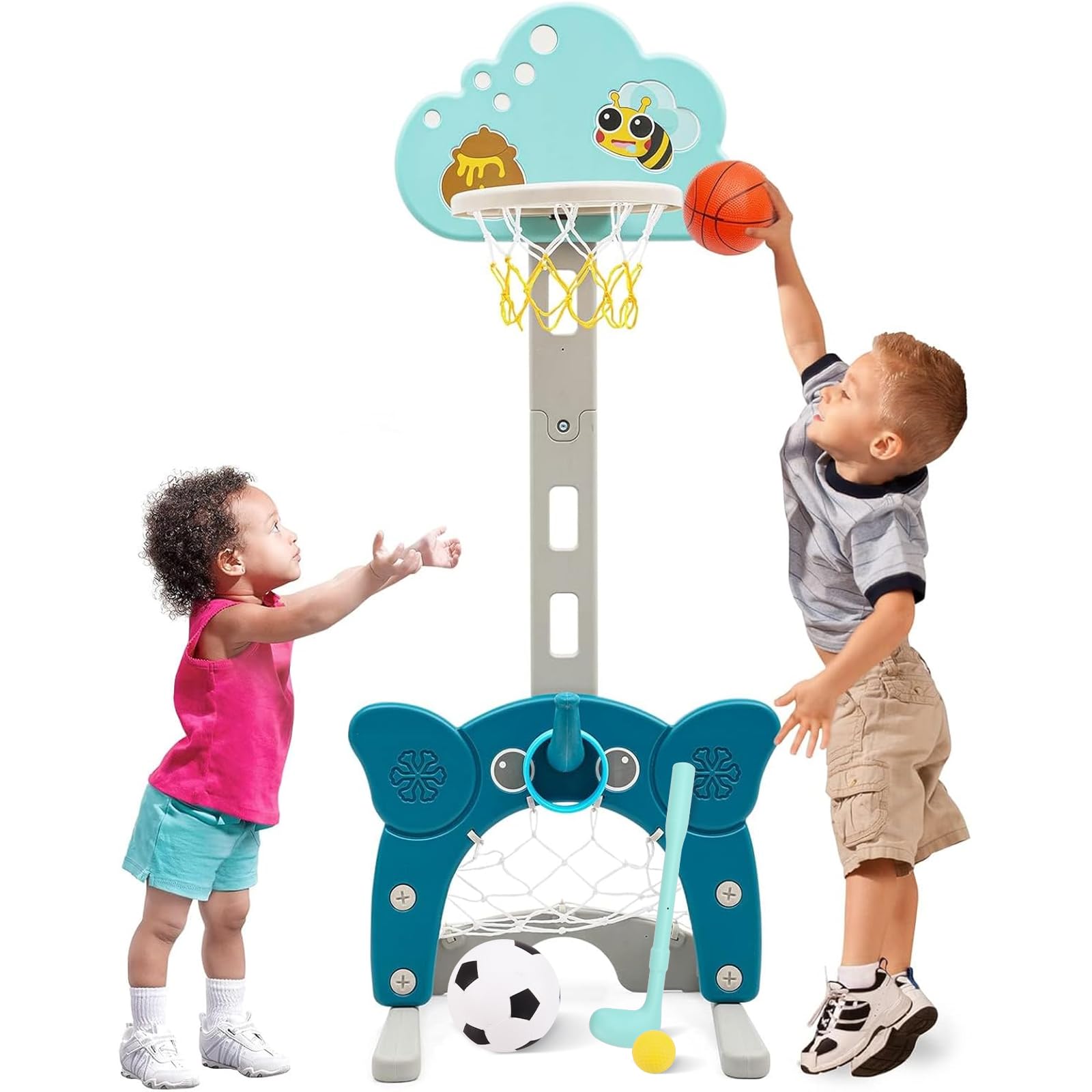 Centro Deportivo 4 en 1 para Niños|Baloncesto | Fútbol | Lanzamiento del Anillo | Golf | Actividad para Niños pequeños|Canastas Baloncesto Infantiles Exterior Interior Altura Ajustable