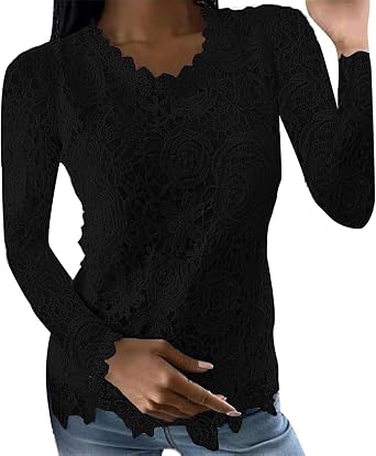 Women Elegant Tops Casual Long Sleeve Lace Blouse Vintage Boho Floral Crochet Crewneck Plus Size Dressy T Shirt