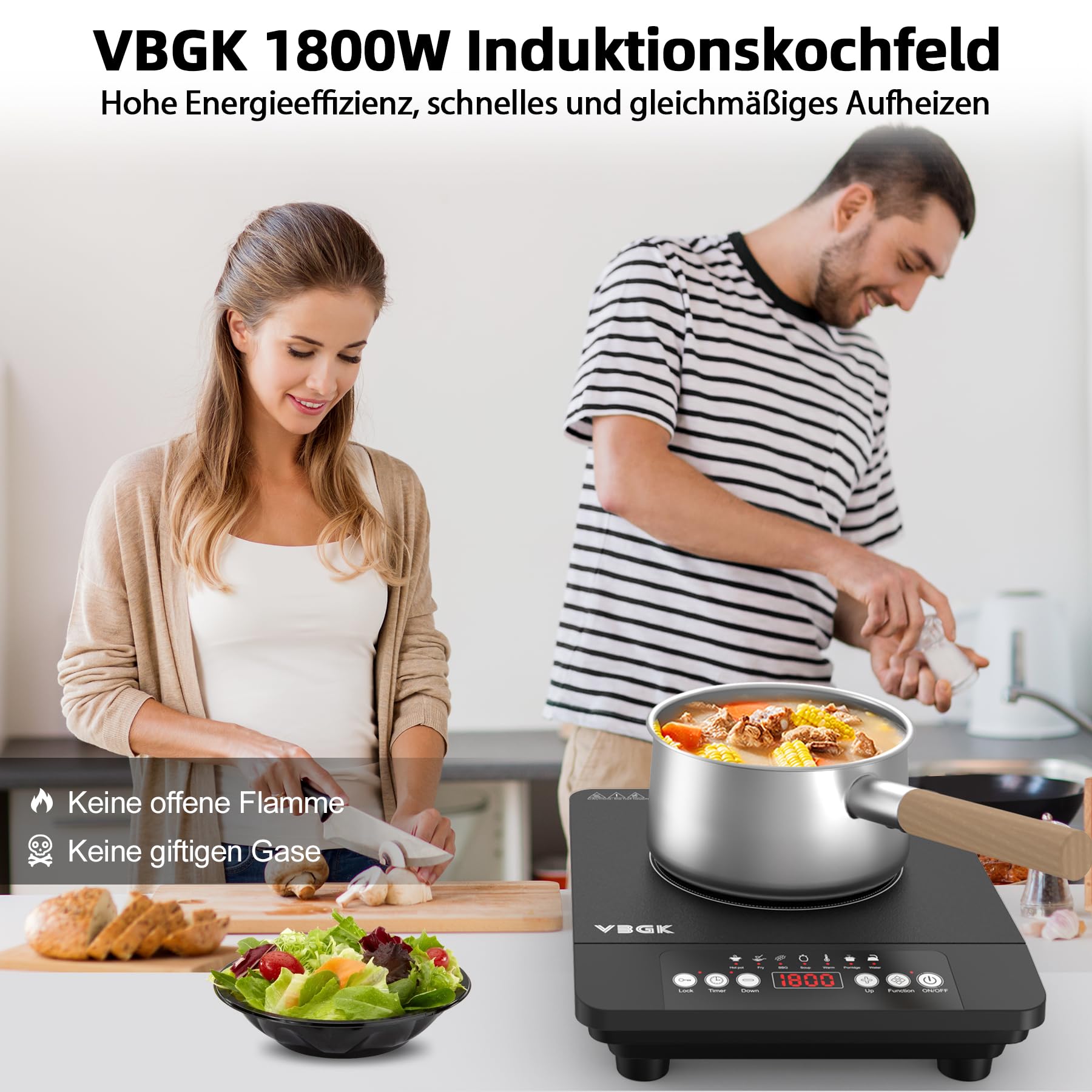 VBGK Induktionskochfeld 1 Platten,1800W Tragbares Induktionskochplatte, 220V Kochfelder mit LCD-Touch, 8 Temperaturstufen, Kindersicherung,4-Stunden-Timer